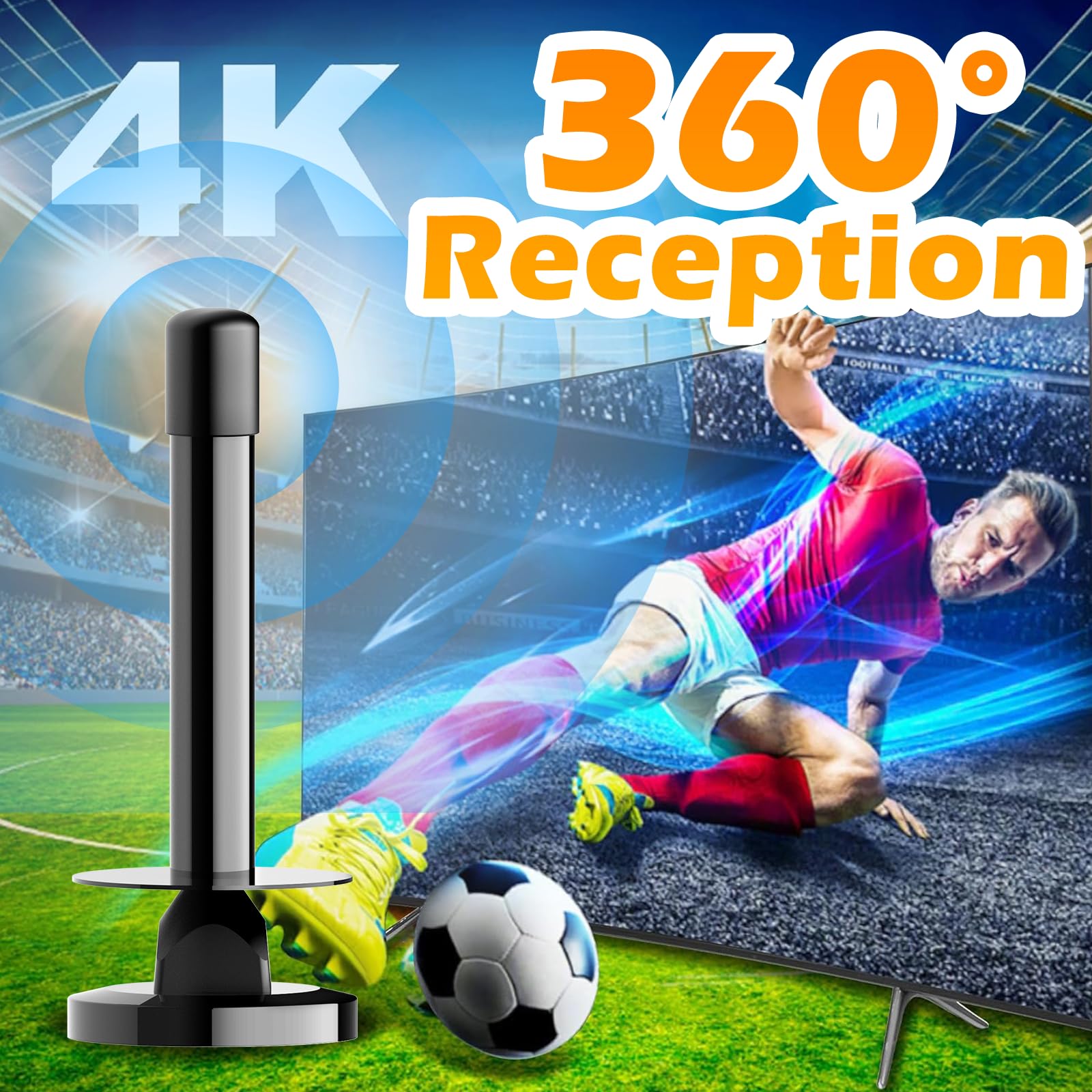 Indoor TV Aerial Freeview HD, Digital TV Aerial Indoor with 360° Reception, HD TV Aerial Strong Signal, Magnetic Base, 4K 1080P Support, Plug & Play for Smart TV & Old TVs, 5m Cable — view 4