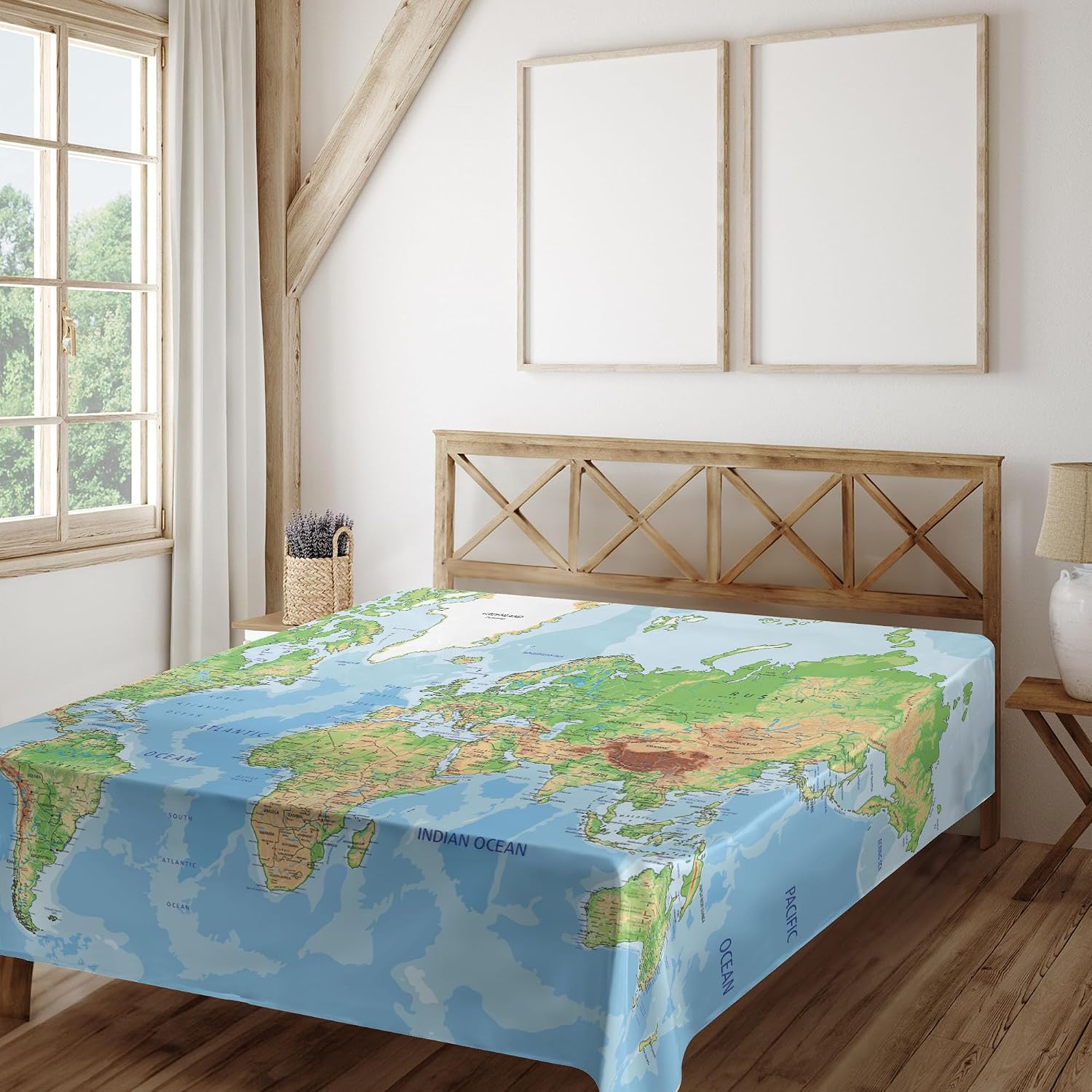 Ambesonne World Map Flat Sheet, Classic Map of The Earth Continents Countries Oceans Mountains Vacation Themed, Soft Comfortable Top Sheet Decorative Bedding 1 Piece, Full Size, Multicolor