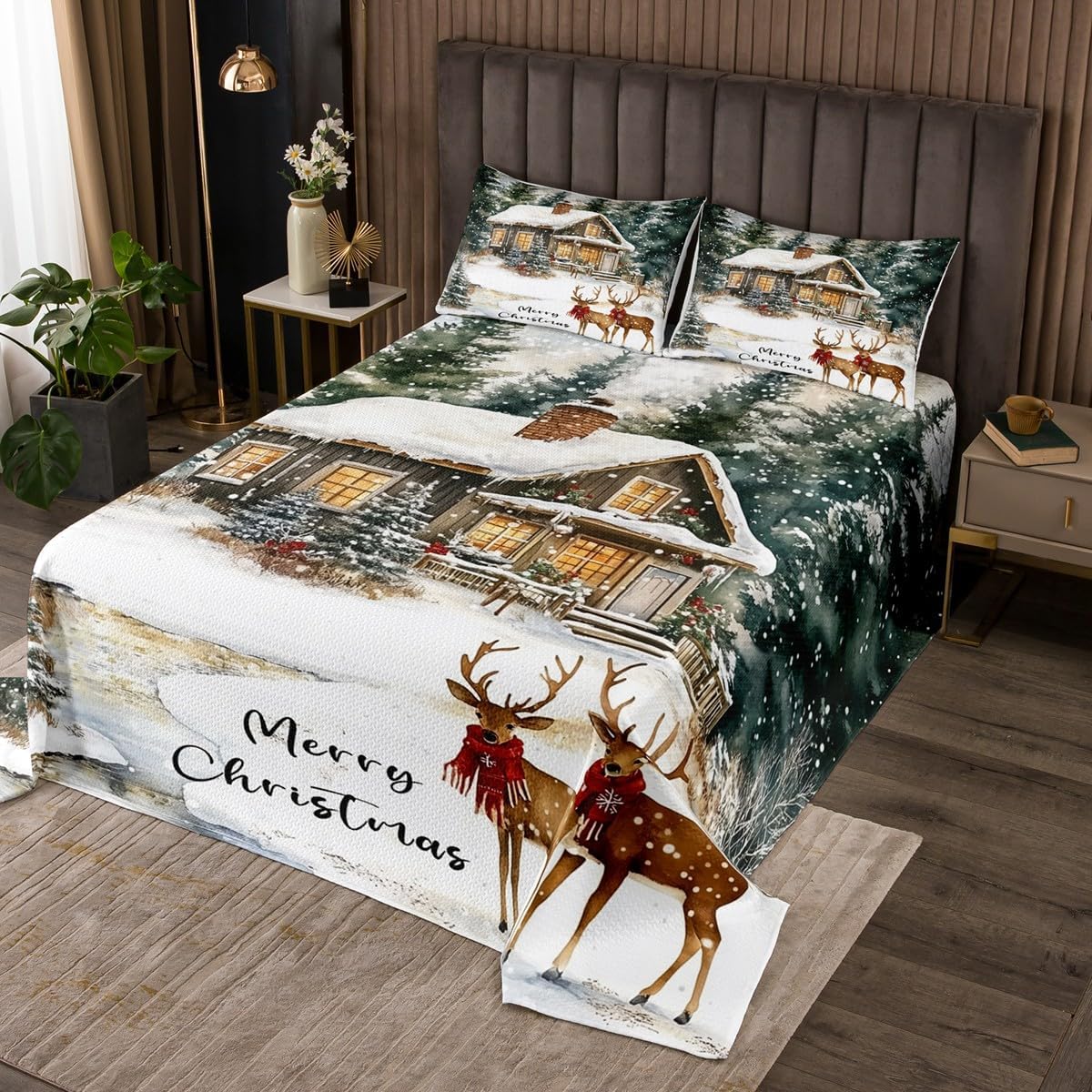 Homewish Retro Rustic Cabin Bedspread Queen Size,Deer Woodland Winter Theme Bedding Set for Kids Boys Girls Room Decor,Snow Scenery Wildlife Quilt 3Pcs,Nature Plant Animal Coverlet Set,2 Pillowcases