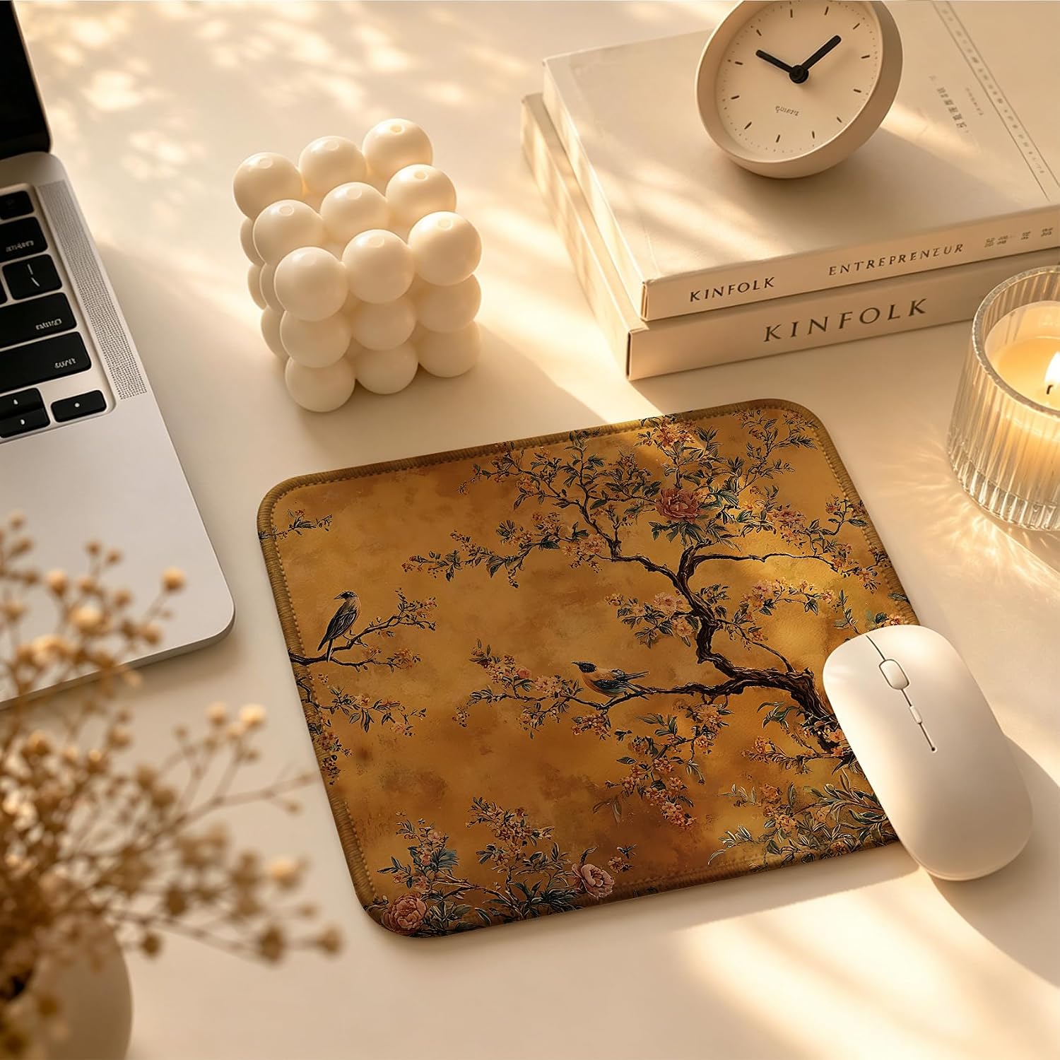 Gold Chinoiserie Floral Bird Mouse Pad Square 9.5x7.9 in, Vintage Traditional Luxury Oriental Flower Bird Mousepad Mat for Laptop Home Office Computer Desk Accessories image 3
