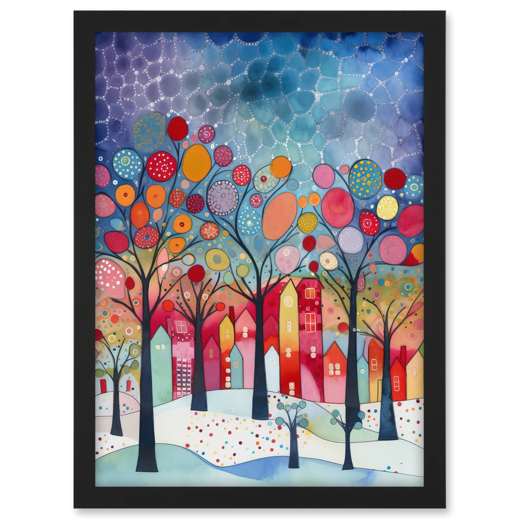Artery8 Winter Abstract Village Folk Art Artwork Framed A3 Wall Art Print