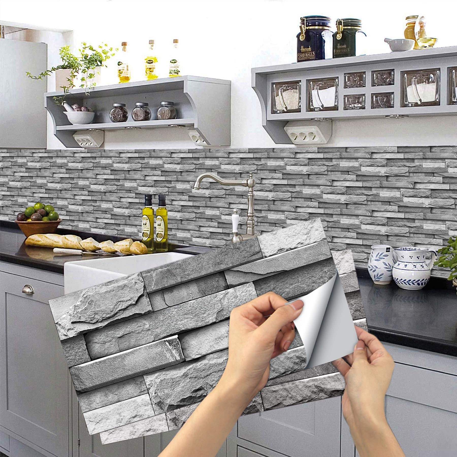 12 Sheets Grey Tile Stickers, Peel and Stick Vinyl Backsplash Tiles Self Adhesive Waterproof Oilproof Tiles Retro Style DIY Home Decor for Kitchen Bathroom