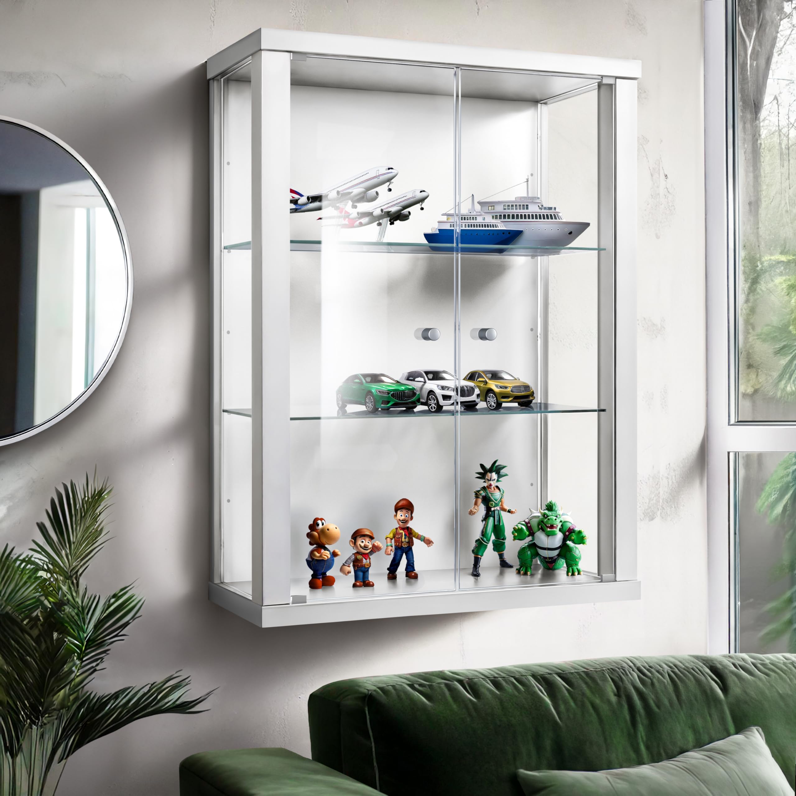 Vitrina de Cristal de en Blanco (80x60x25 cm) con 2 estantes de Cristal Ajustables en Altura - Vitrina para maquetas de Coches en Blanco - Vitrina de exposición