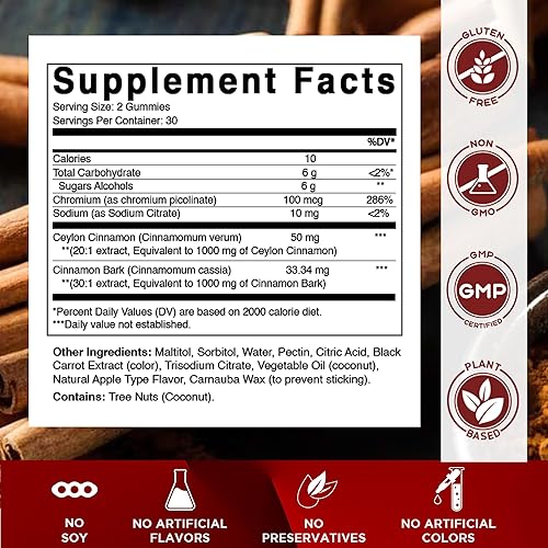 Miniatura 2 de Paquete de 2 gomitas de cromo sin azúcar con canela de ceilán, 2000 mg por porción, sin OMG, sin gluten, 60 gomitas veganas