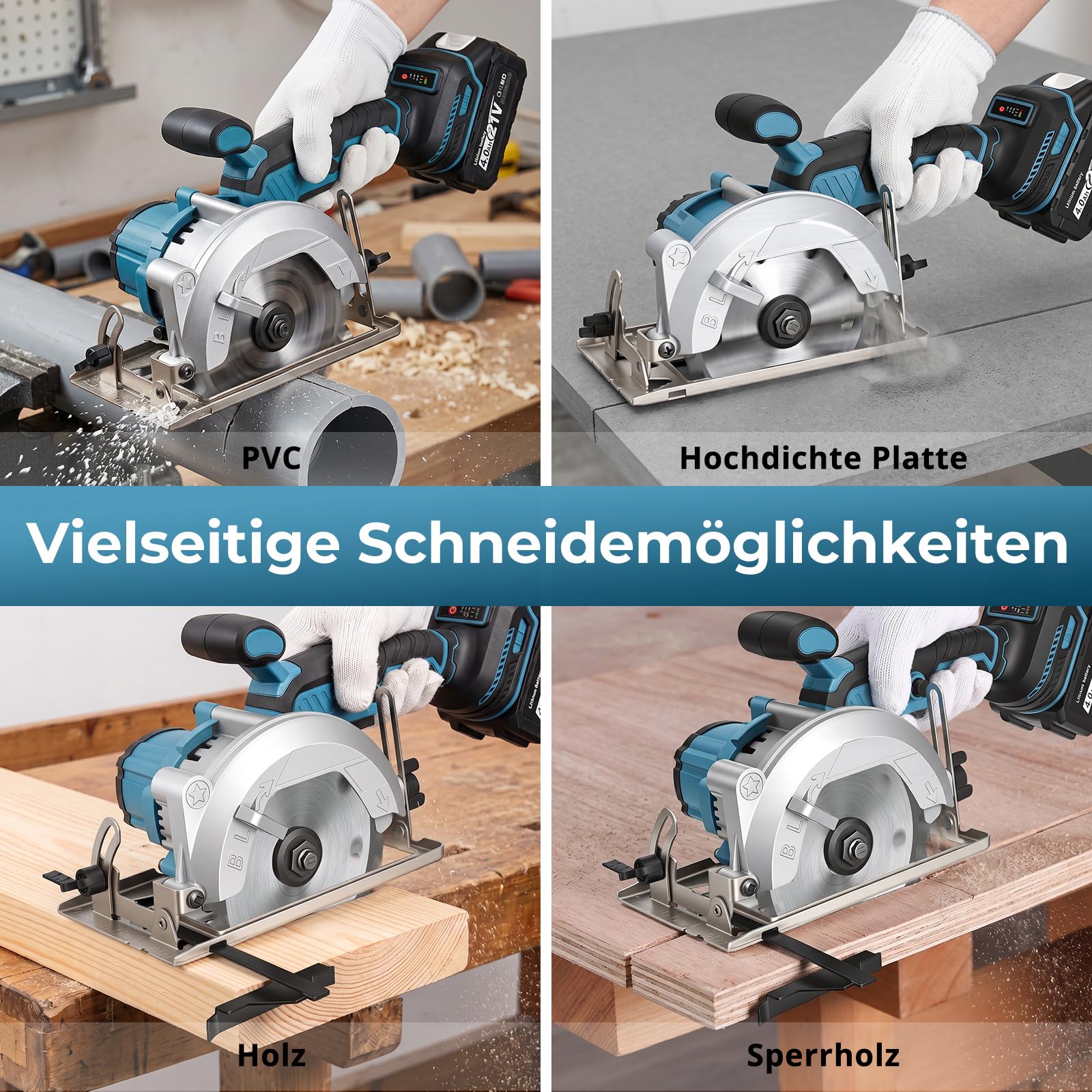 Akku Handkreissäge Kompatibel Mit Makita 18v Akku, 7200RPM Mini Kreissäge mit 2 * 4,0Ah Batterie, 45°/90° Gehrungsschnitt, Einhändiges Halten, 2PCS 140mm Sägeblätter für Holz, PVC