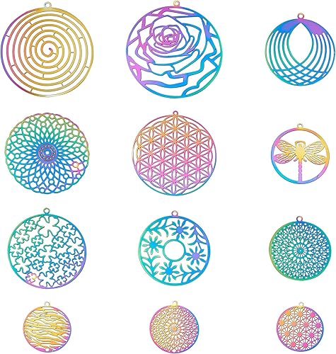 Miniatura 9 de FASHEWELRY Encantos de arco iris de acero inoxidable Adornos de metal grabado multicolor