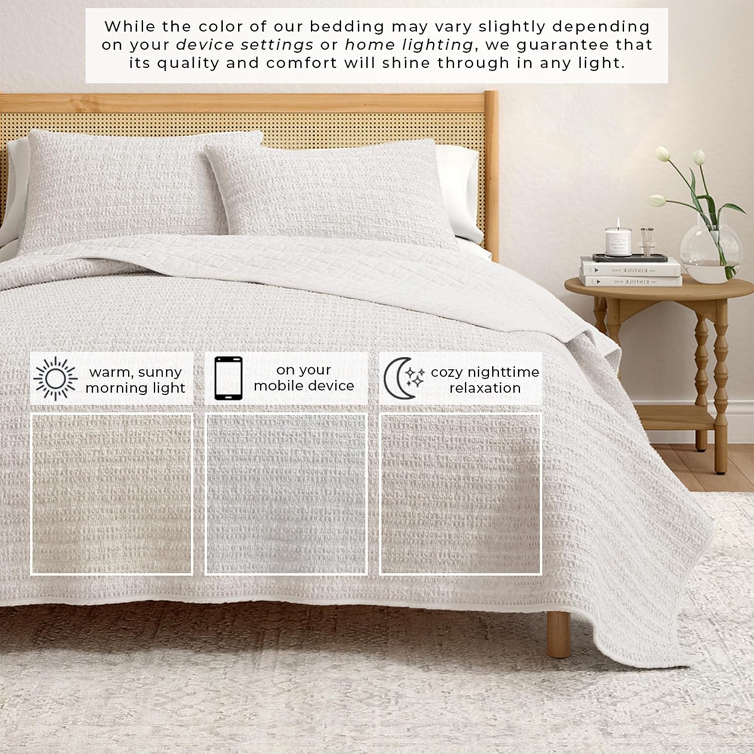 Great Bay Home Full/Queen Size Light Grey 100% Cotton Honeycomb Waffle Quilt and Sham Set - Garment Washed, Waffle Weave Like Texture, Lightweight 3-Piece Bedding Set