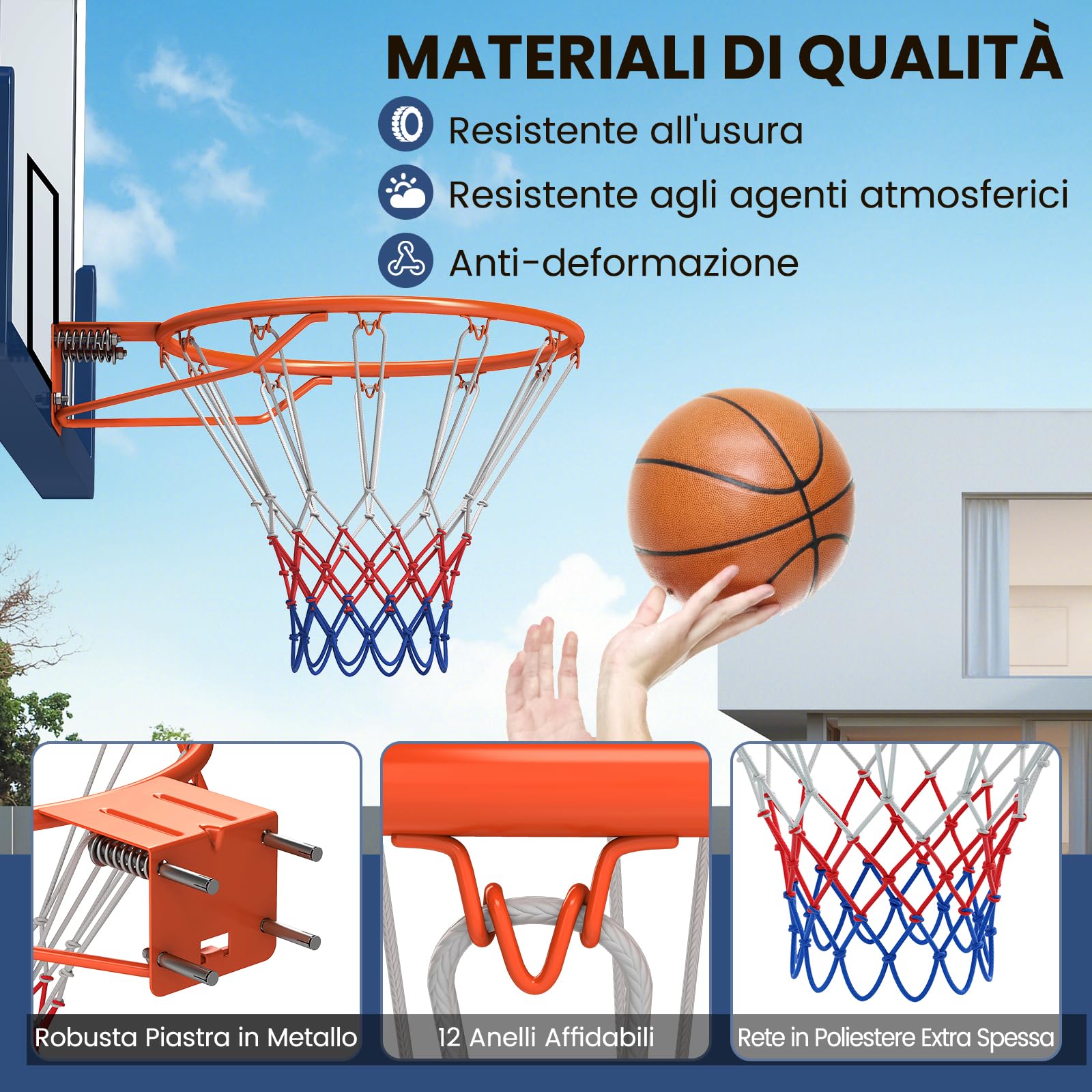 COSTWAY Canestro da Basket a Parete 45 CM, Anello da Pallacanestro da Muro con Doppia Molla, Rete Resistente e 12 Anelli, Cerchio Universale da Basket per Interno ed Esterno