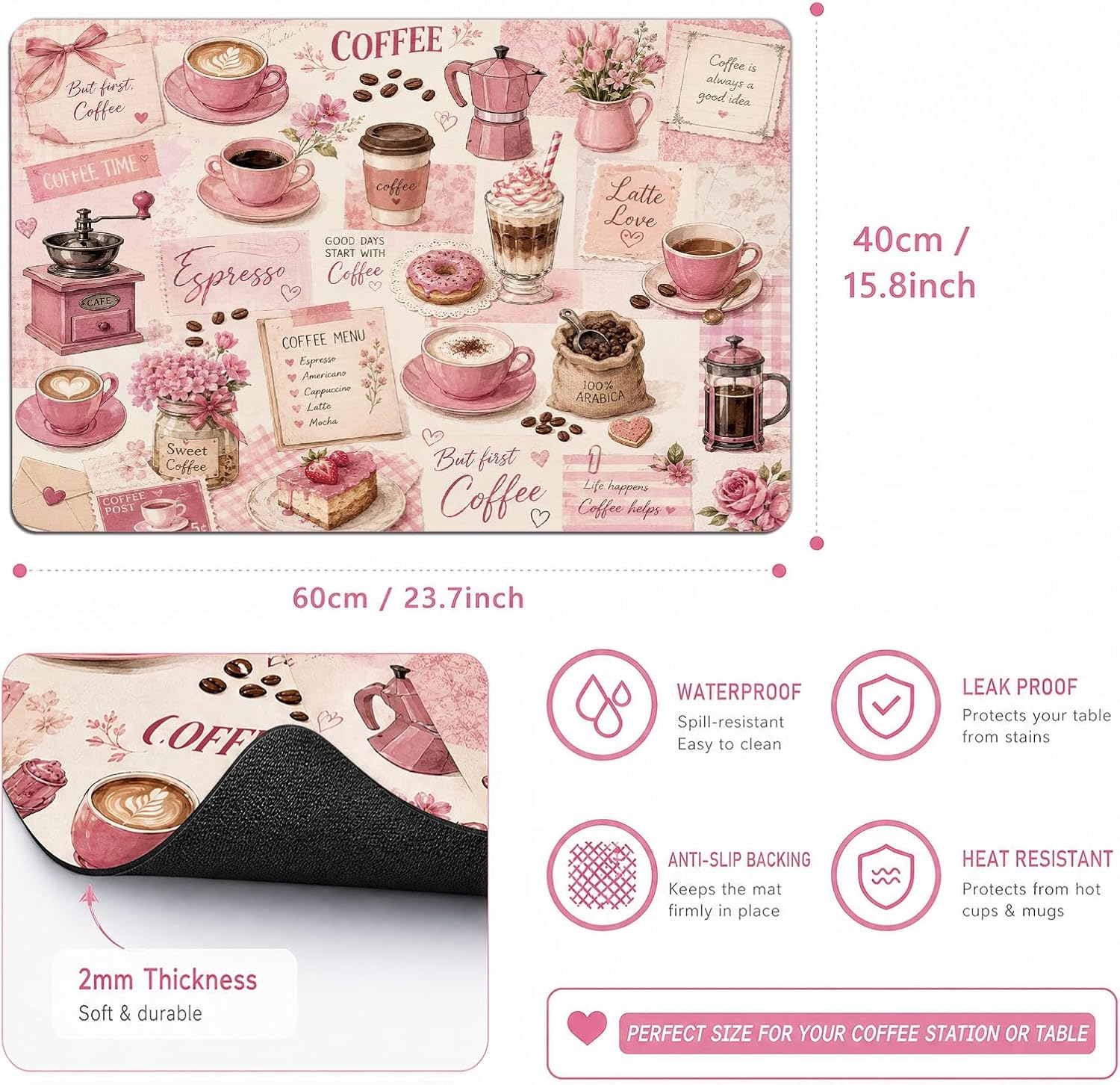 Coffee Bar Mat for Countertop, Pink Coffee Matt 16x24 Inch