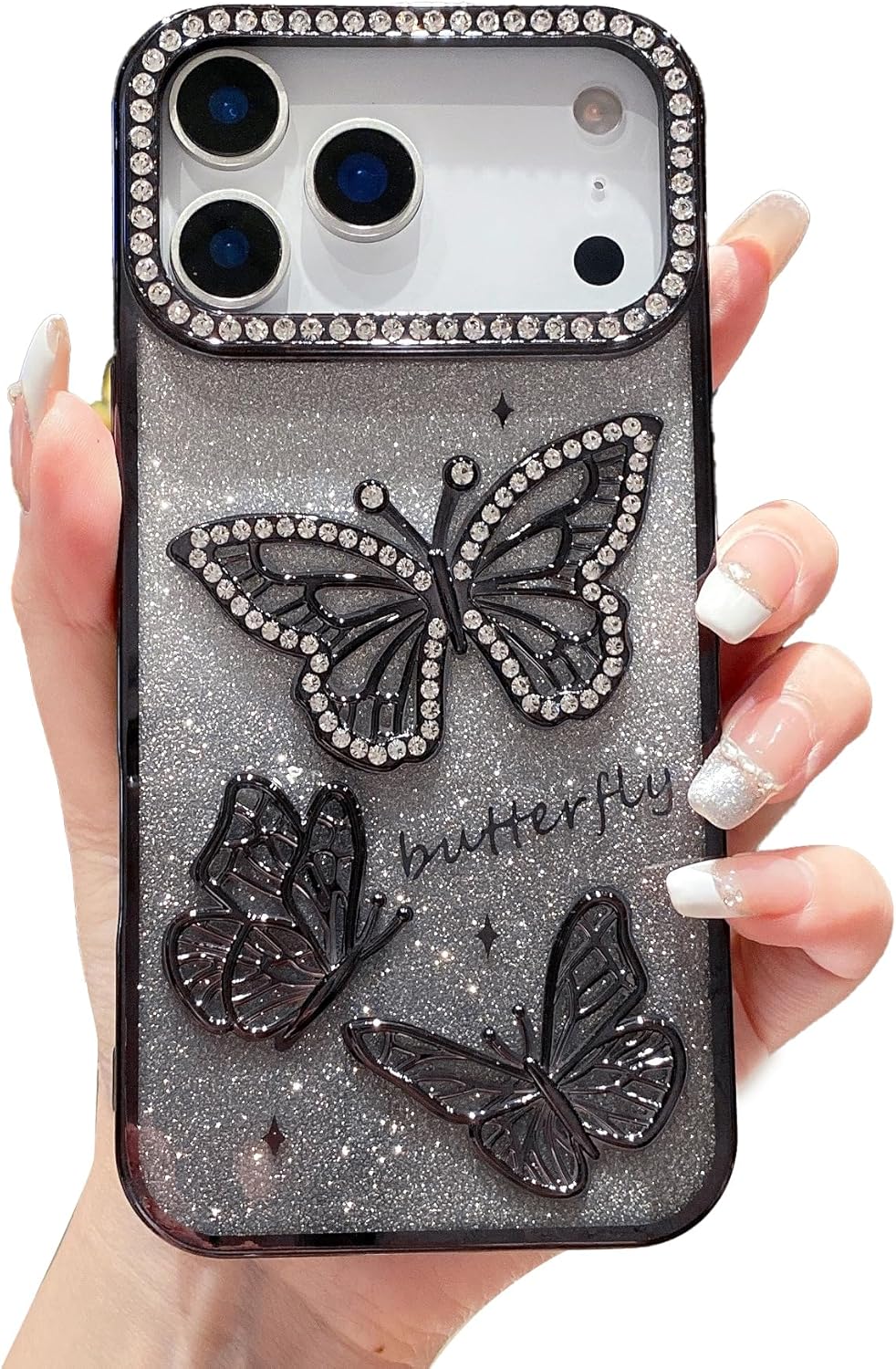IFiLOVE IPhone 15 Bling Case - 3D Rhinestone Butterfly Flower Charm Cover