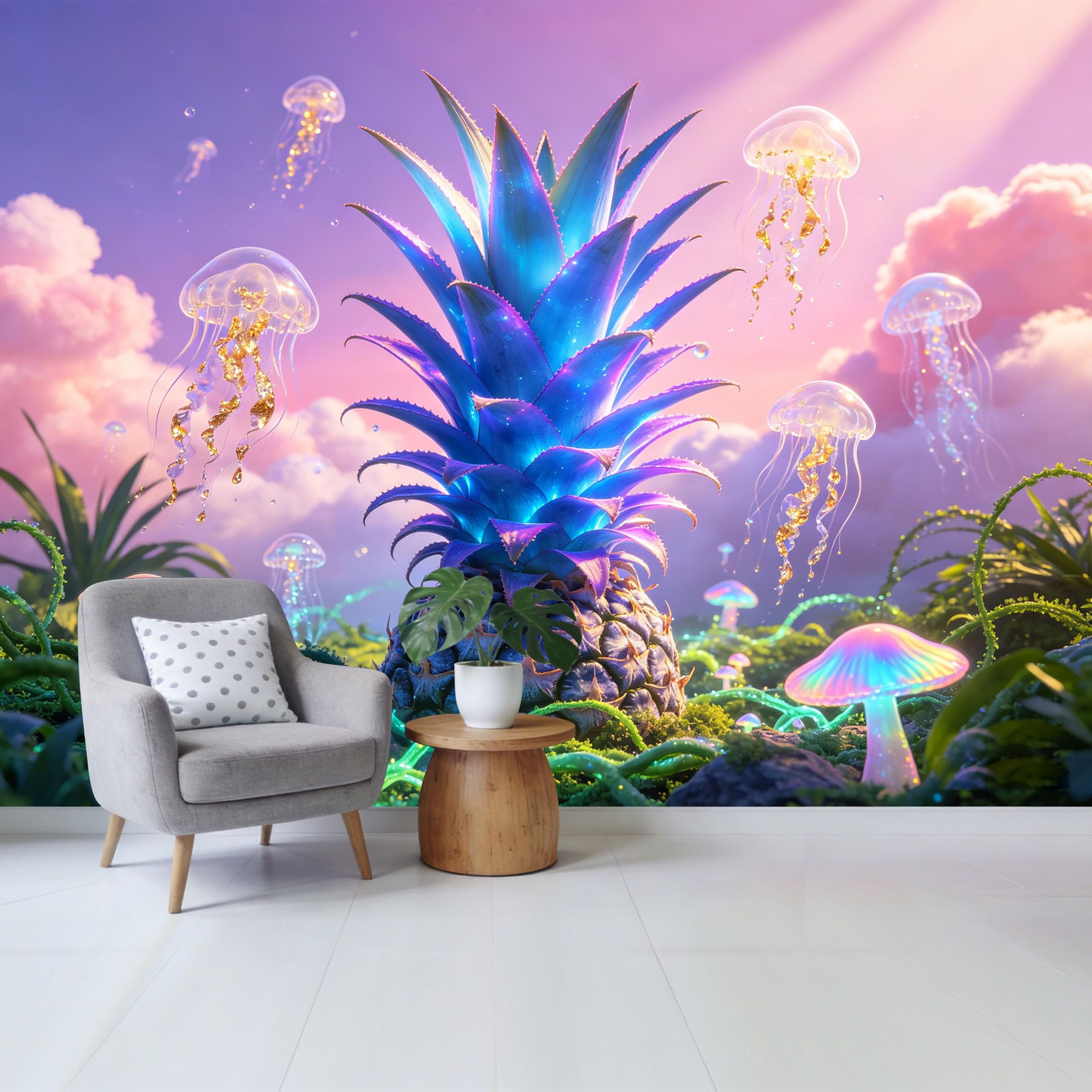 Qzlithotic Yq2605250100 Custom Size Wall Mural Surreal Glowing Pineapple Jellyfish Radiant Mushroom Forest Abstract 3D Selfadhesive Wall Fabric Removable Wallpaper For Home Office Decor