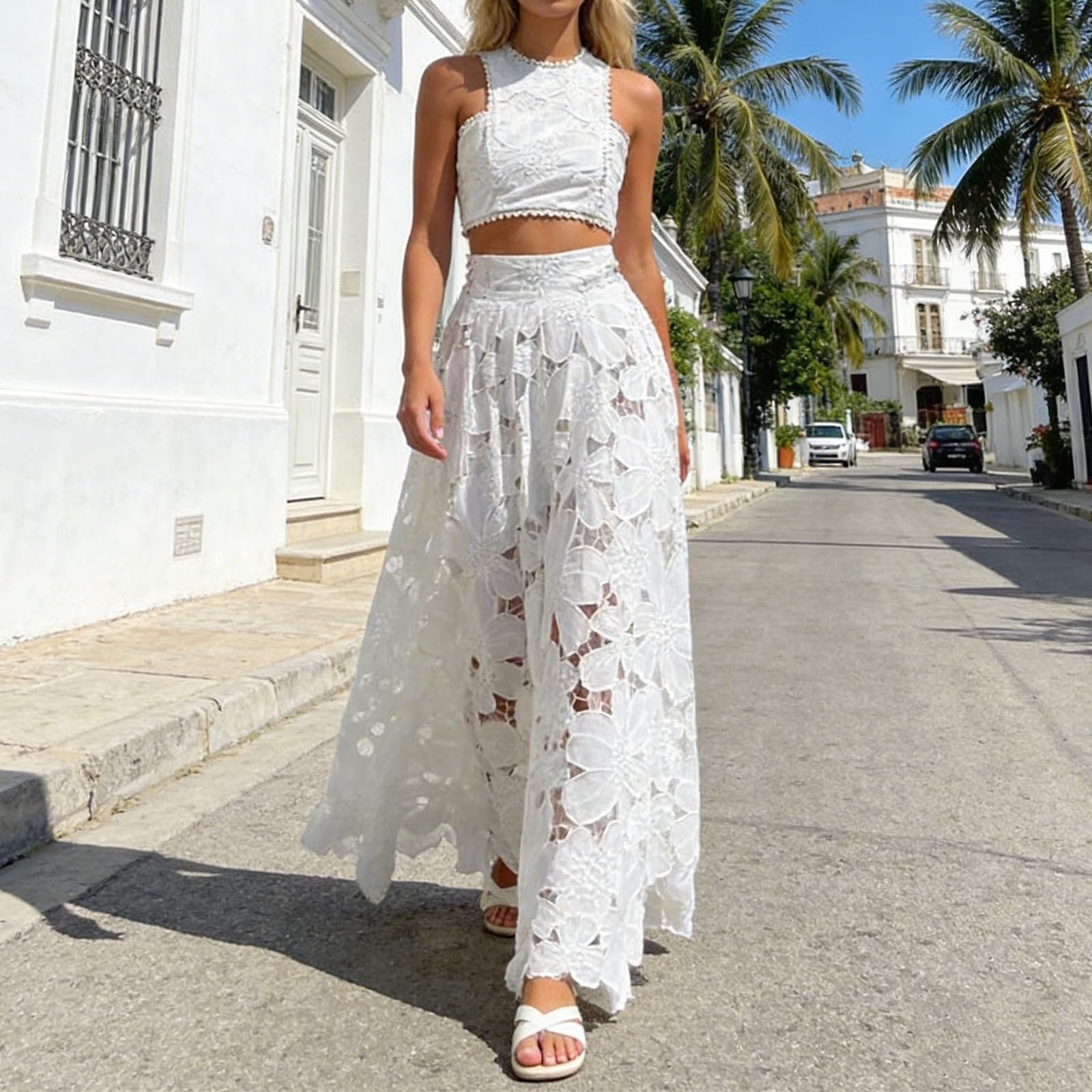 Tuta da donna 2 pezzi, per il tempo libero, in pizzo bianco, slim fit, crop top e maxi gonna trasparente, casual, boho, costume da spiaggia, 2 pezzi, abito estivo per ospiti di matrimonio