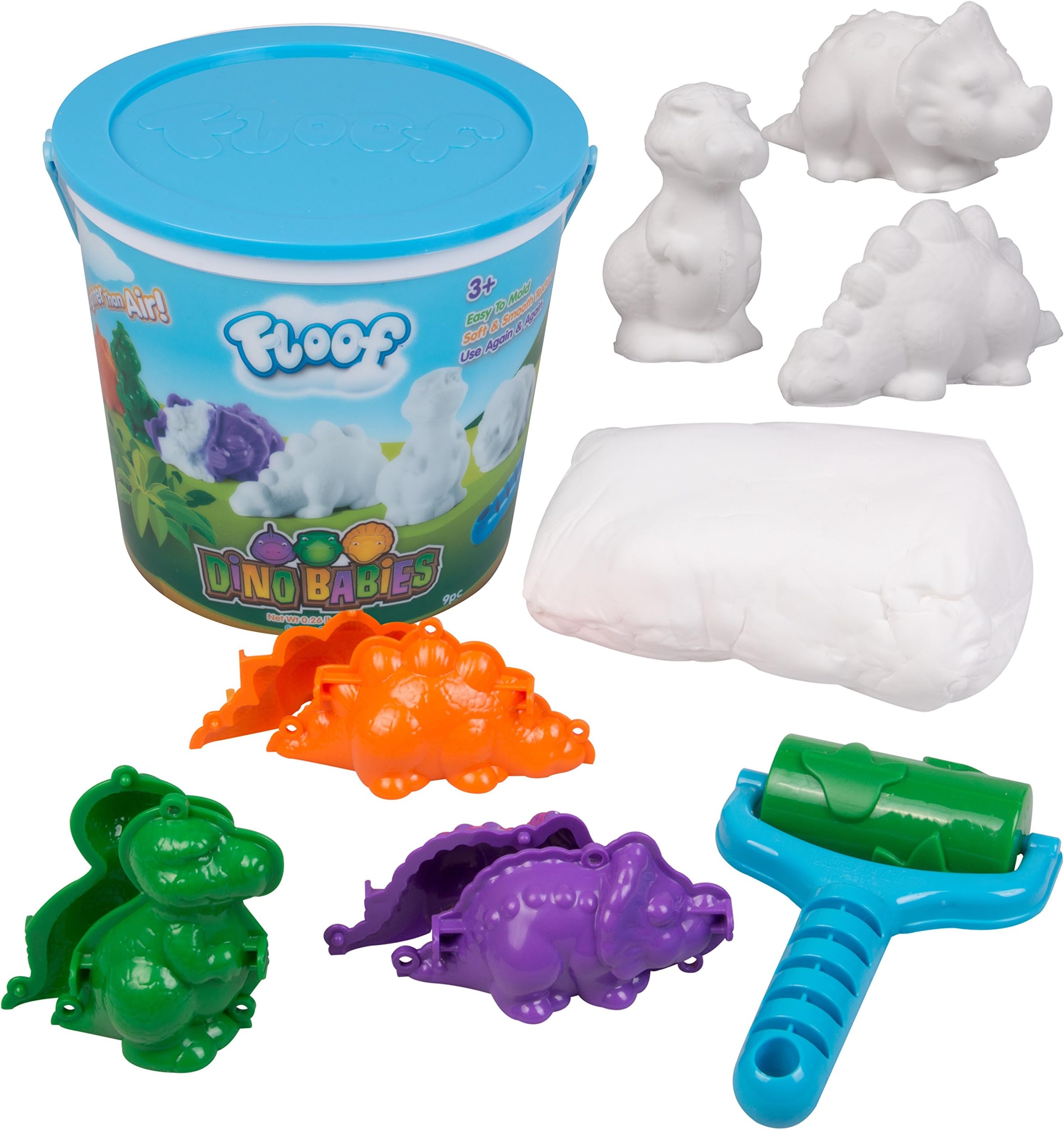 Floof Modeling Clay - Reuseable Indoor Snow - Endless Creations with 3 Dinosaur Molds and Dino Track Roller.
