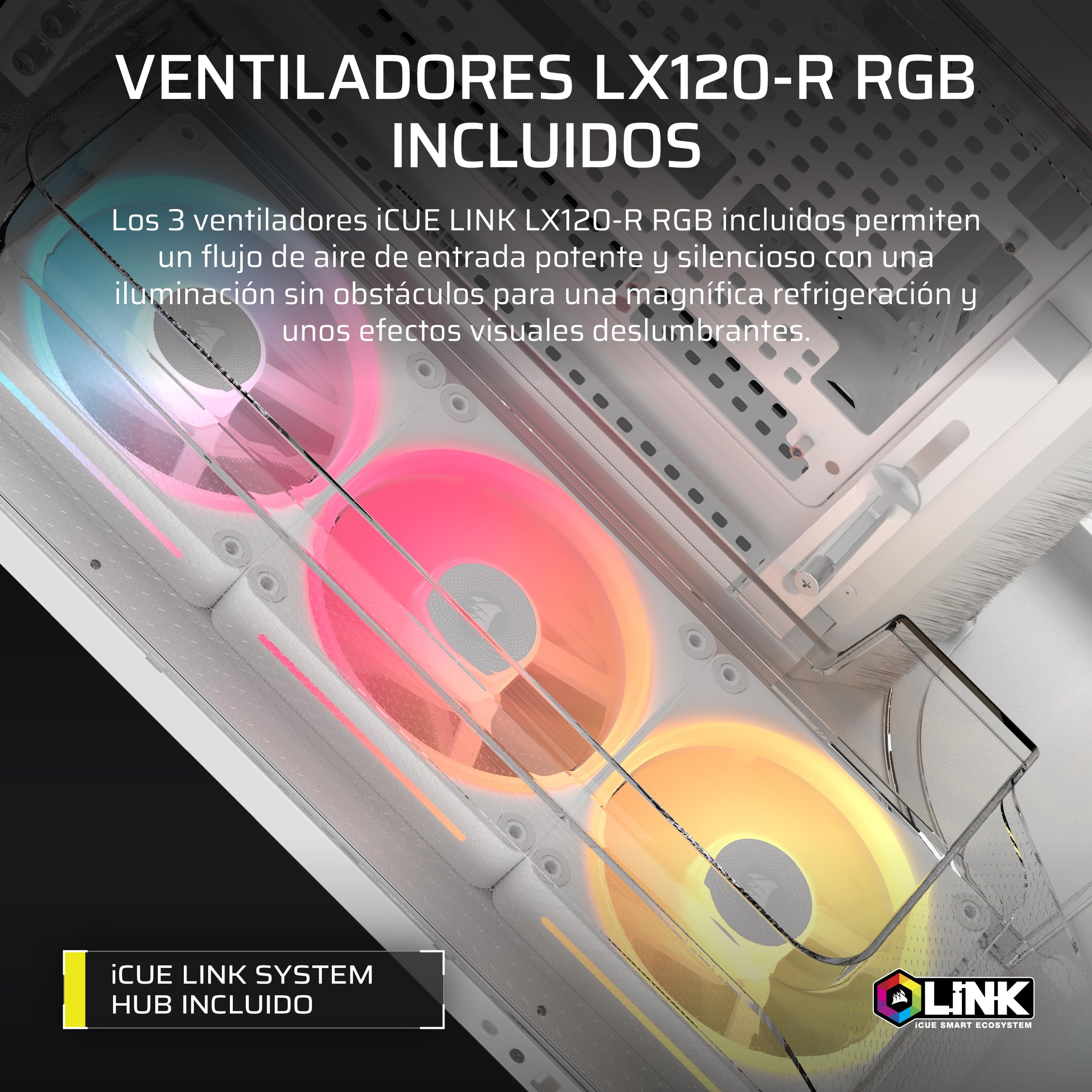 CORSAIR Air 5400 LX-R RGB iCUE Link Caja de PC de Torre Media – Blanco | Diseño de Triple Cámara, Panorámica, 3 Ventiladores LX-R RGB Reverse-Rotor preinstalados