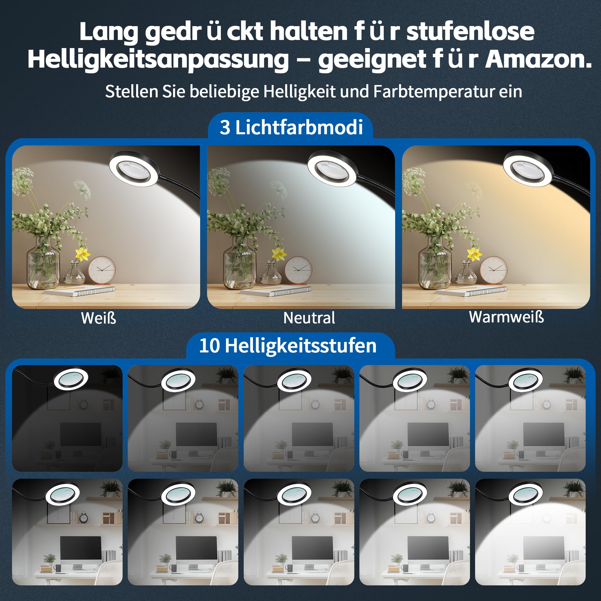10x/30x LED Lupe mit Licht, Schwanenhals verstellbar, mit Klemme & Sockel für Hobby und Werkstatt