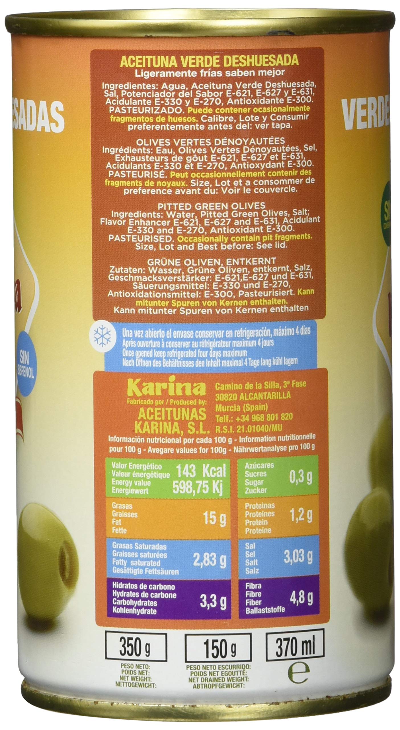 Aceitunas Karina Grüne Manzanilla-Oliven ohne Stein, Dose, 12er Pack (12 x 150 g)