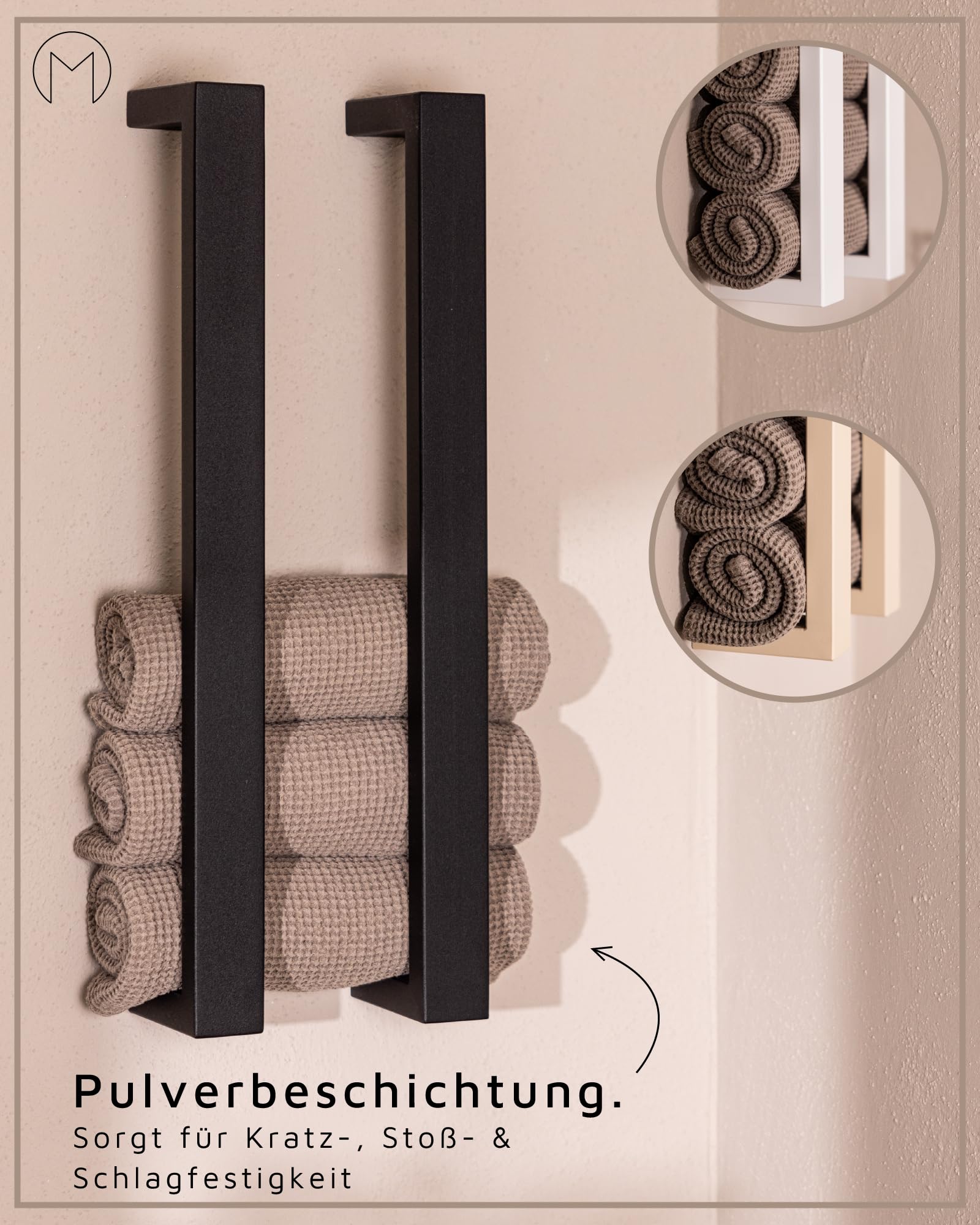 Metallbude Handtuchhalter NALI - Schwarz - Wandmontage - Pulverbeschichtetes Stahlrohr - Kratz-, Stoß- & Schlagfest - 4x10x50 cm