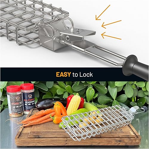 Miniatura 3 de Cesta de parrilla de acero inoxidable, rectangular, negra, perfecta para asar al aire libre, verduras, pescado, camarones, brochetas