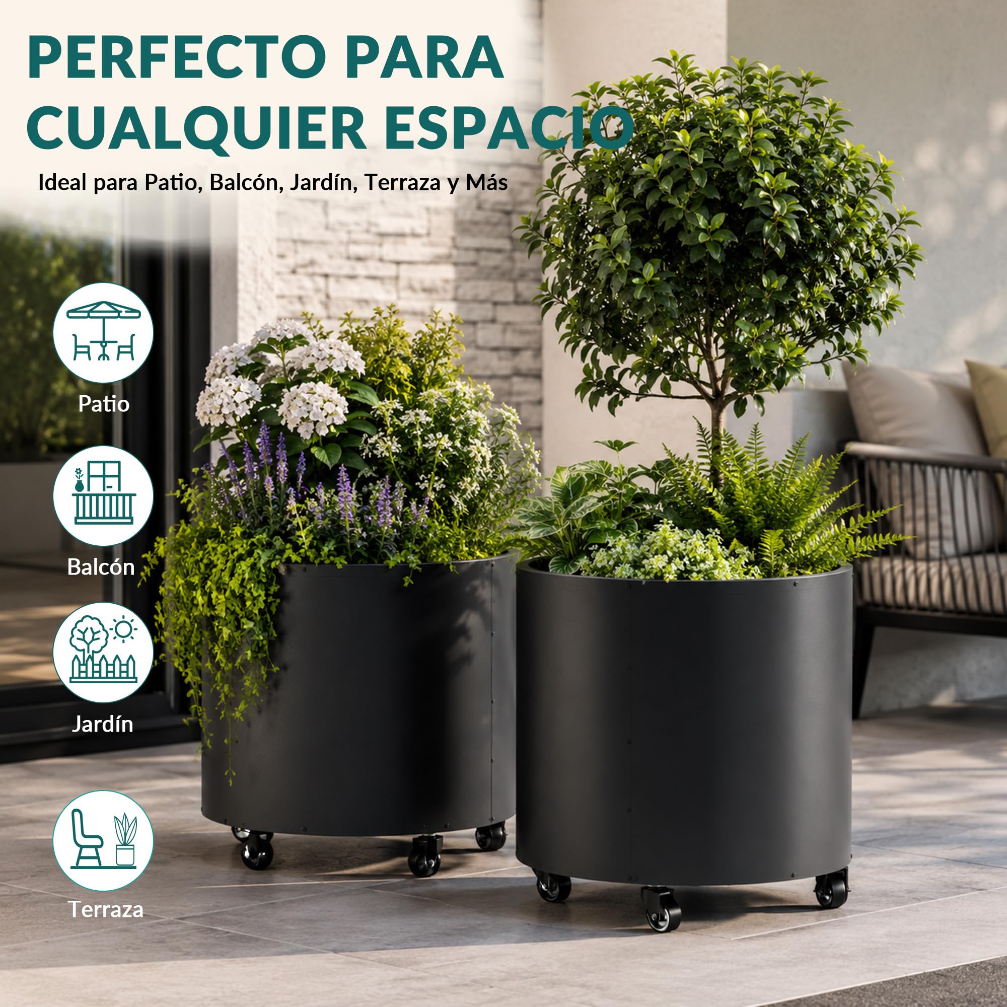 Macetas grandes para exteriores, Ø 61 * 56 cm de alto, de metal con ruedas, 150L para árboles de limón y verduras, 4 agujeros de drenaje para el balcón, jardín (2 piezas)