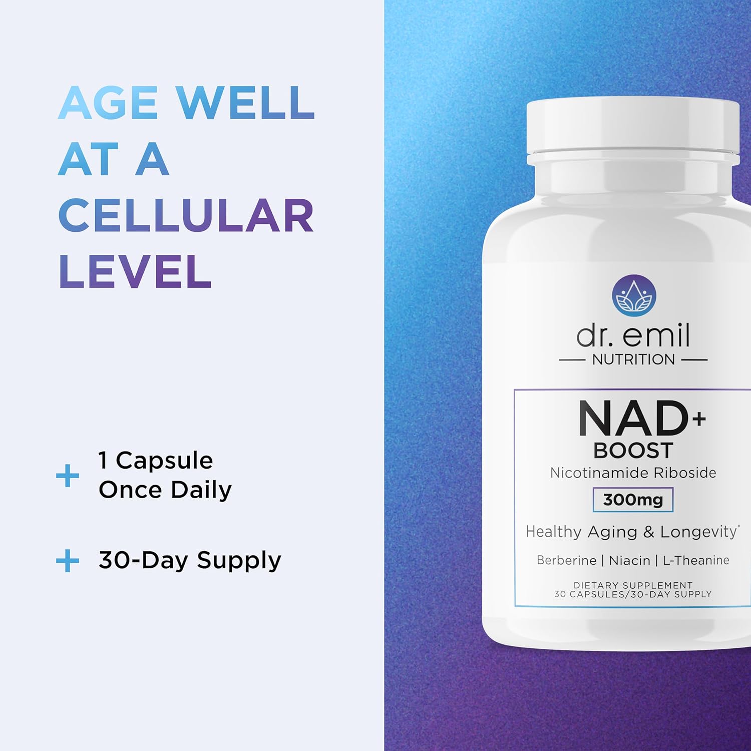 DR. EMIL NUTRITION NAD+ Boost - Nicotinamide Riboside Supplement for Longevity, Healthy Aging & Cellular Regeneration - NAD Supplement with with Berberine, L-Theanine & Niacin - 30-Day Supply
