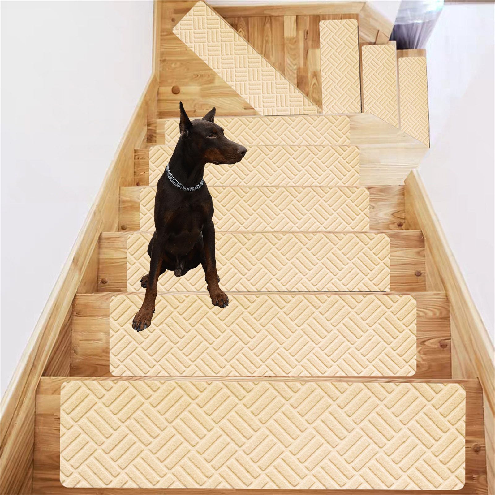 TYYCKJ Carpet Stair Treads Self Adhesive, Non-Slip Carpet Stair Runner Carpet Stairs Mats Removable Reused for Kids Elders and Pets (15pc,Diamond -Beige)