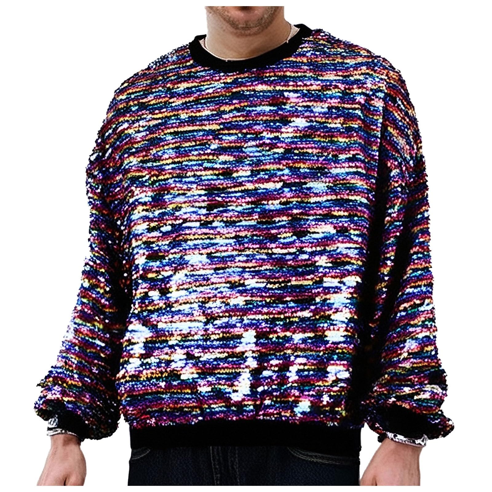Generisch Sudadera reversible con purpurina con cuello redondo, suéter de fiesta para festivales, camiseta informal de manga larga, prenda llamativa