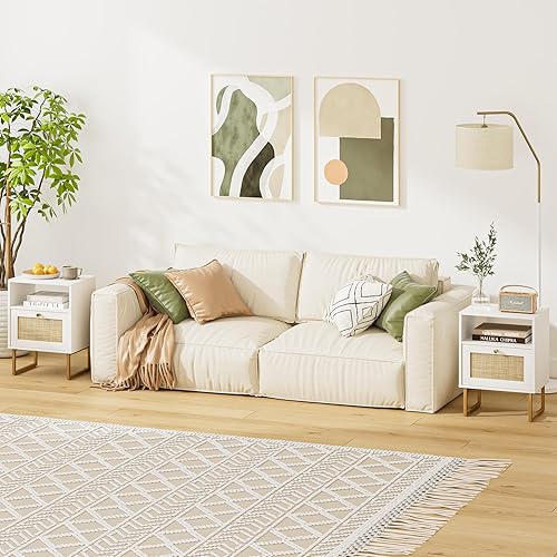 Miniatura 8 de Mesita de noche de ratán, mesita de noche bohemia de madera con almacenamiento y estante abierto, mesa auxiliar auxiliar para dormitorio, sala de