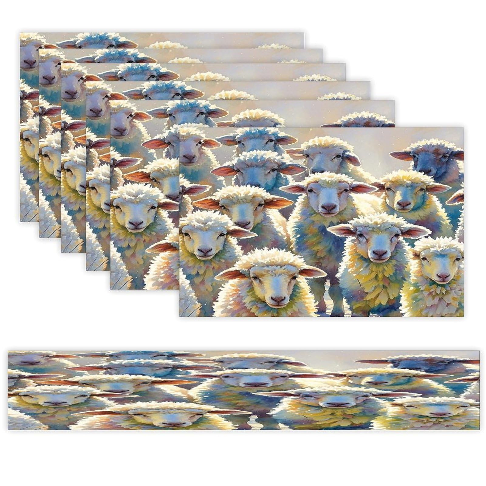 Watercolor Sheeps Table Runner and Placemats Set of 6 Heat Resistant Table Runner Place Mats Modern Cloth Table Mat Washable Linen Placemat Festive Reusable Set
