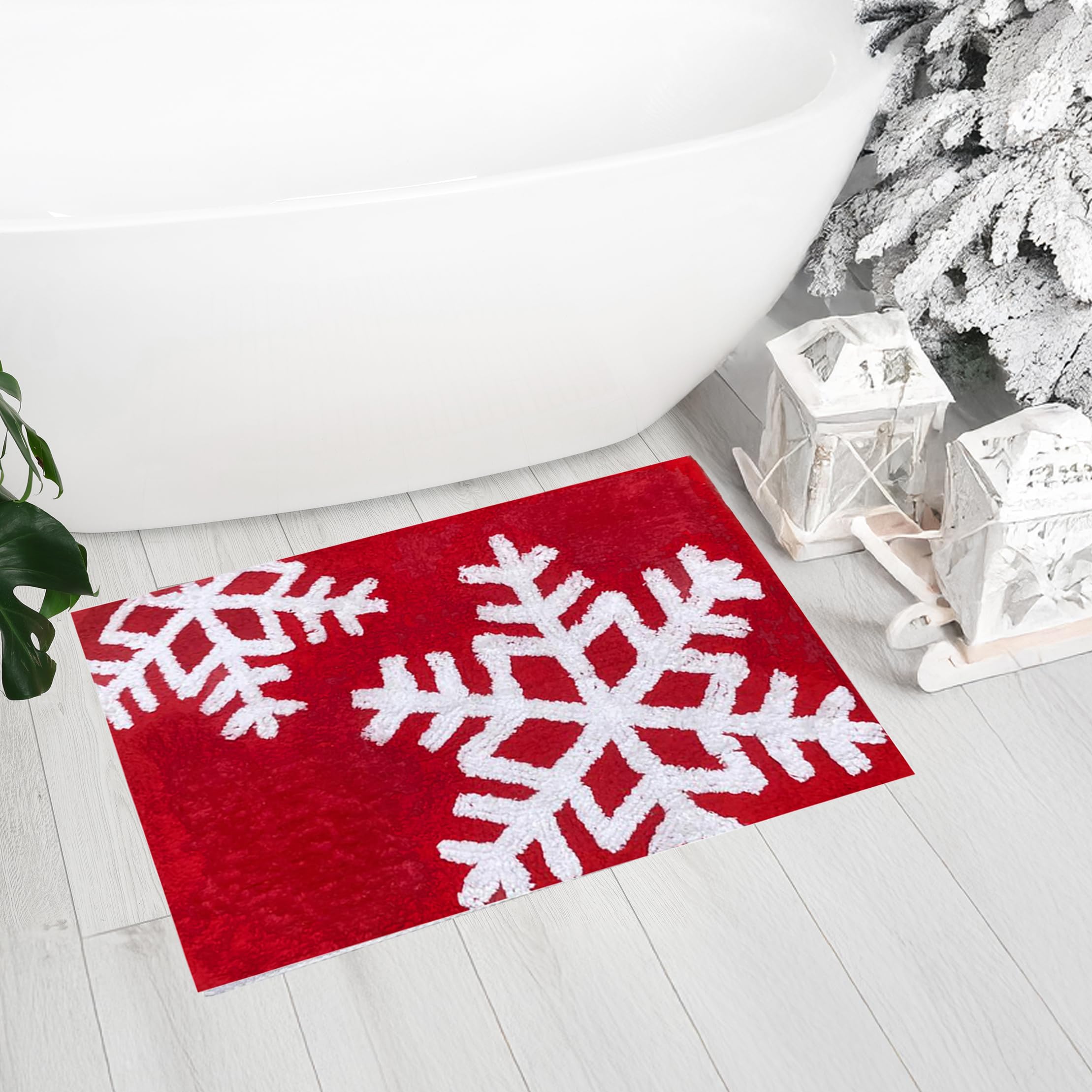 Gilbins Badezimmerteppich, Weihnachtsdekoration, quadratisch, mit Weihnachtsbaum, wasserabsorbierend, 50,8 x 76,2 cm, 100 % Baumwolle, Badematte, Spa-Vorleger, maschinenwaschbar (rote Schneeflocke)