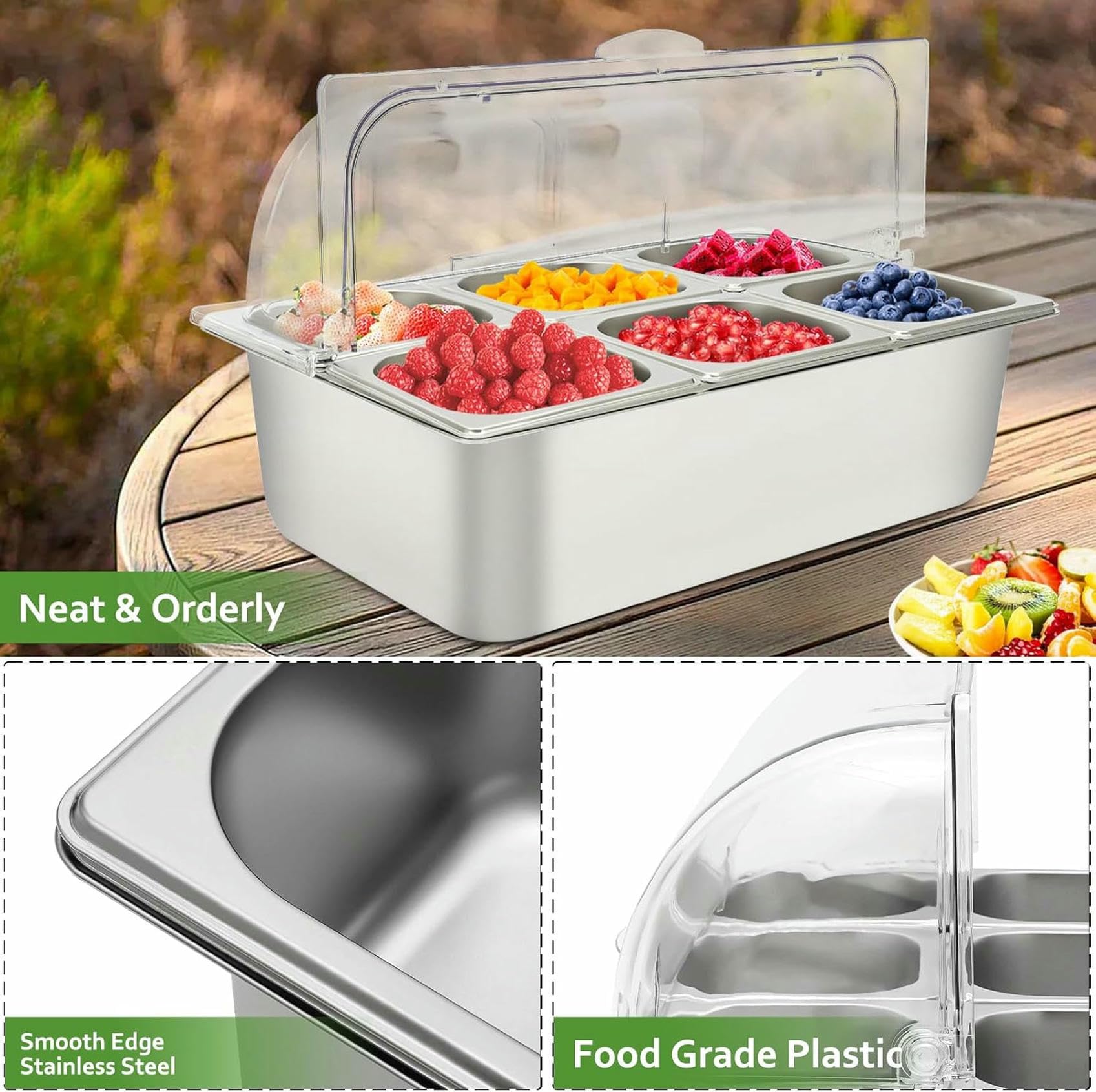 Contenitore per Alimenti, 4 vaschette, Vassoio per servire cibi Freddi, distributore di spezie, Insalata, condimento, antipasti, spezie, Frutta, Vassoio per servire cibi Freddi~/
