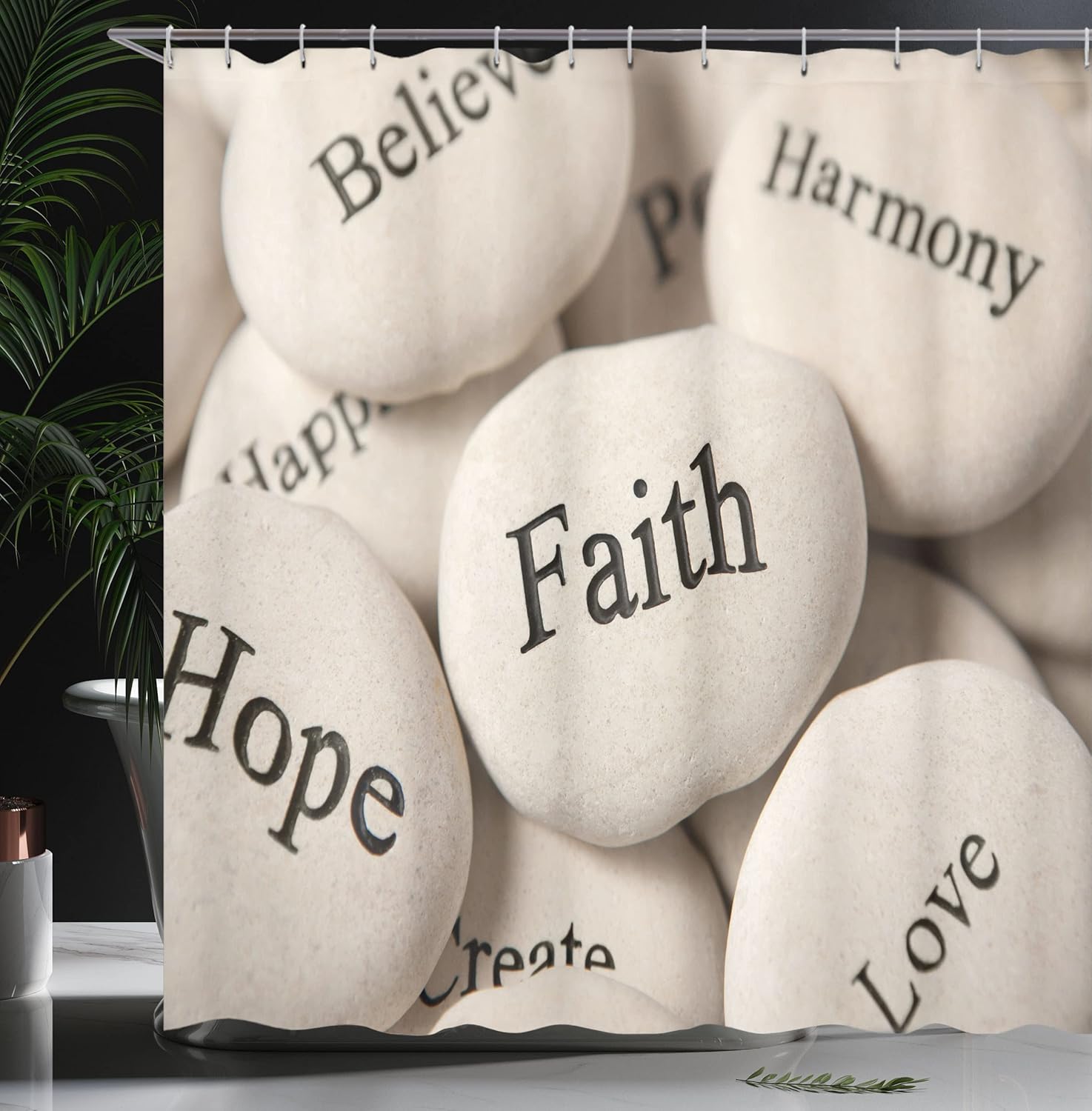 Ambesonne Faith Shower Curtain, Words on Rocks Meditative and Cheerful Believe Harmony, Cloth Fabric Bathroom Decor Set with Hooks, 69" W x 75" L, Dust Pale Tan