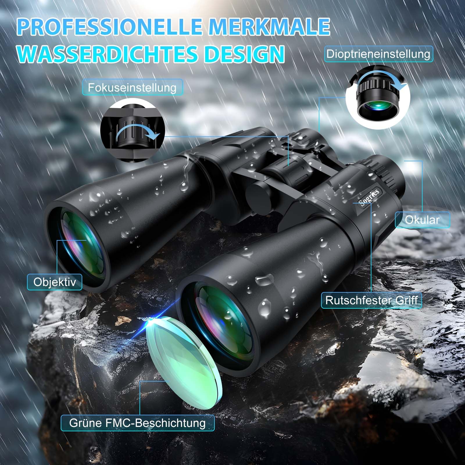 20 x 60 Fernglas für Erwachsene, leistungsstark, wasserdicht und beschlagsicher, kompaktes Fernglas für Vogelbeobachtung mit schlechten Lichtverhältnissen, Jagd, Reisen, inklusive Tragetasche