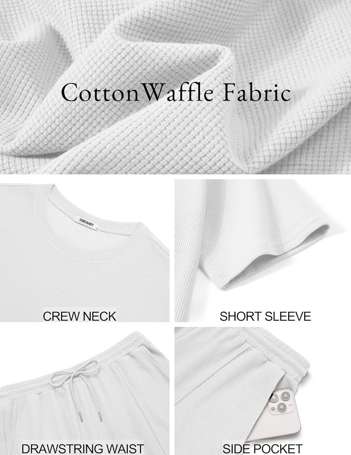COOFANDY Mens 2 Pieces Outfits Casual Cotton T Shirt and Shorts Set Summer Short Sleeve Waffle Tracksuits - Image 4