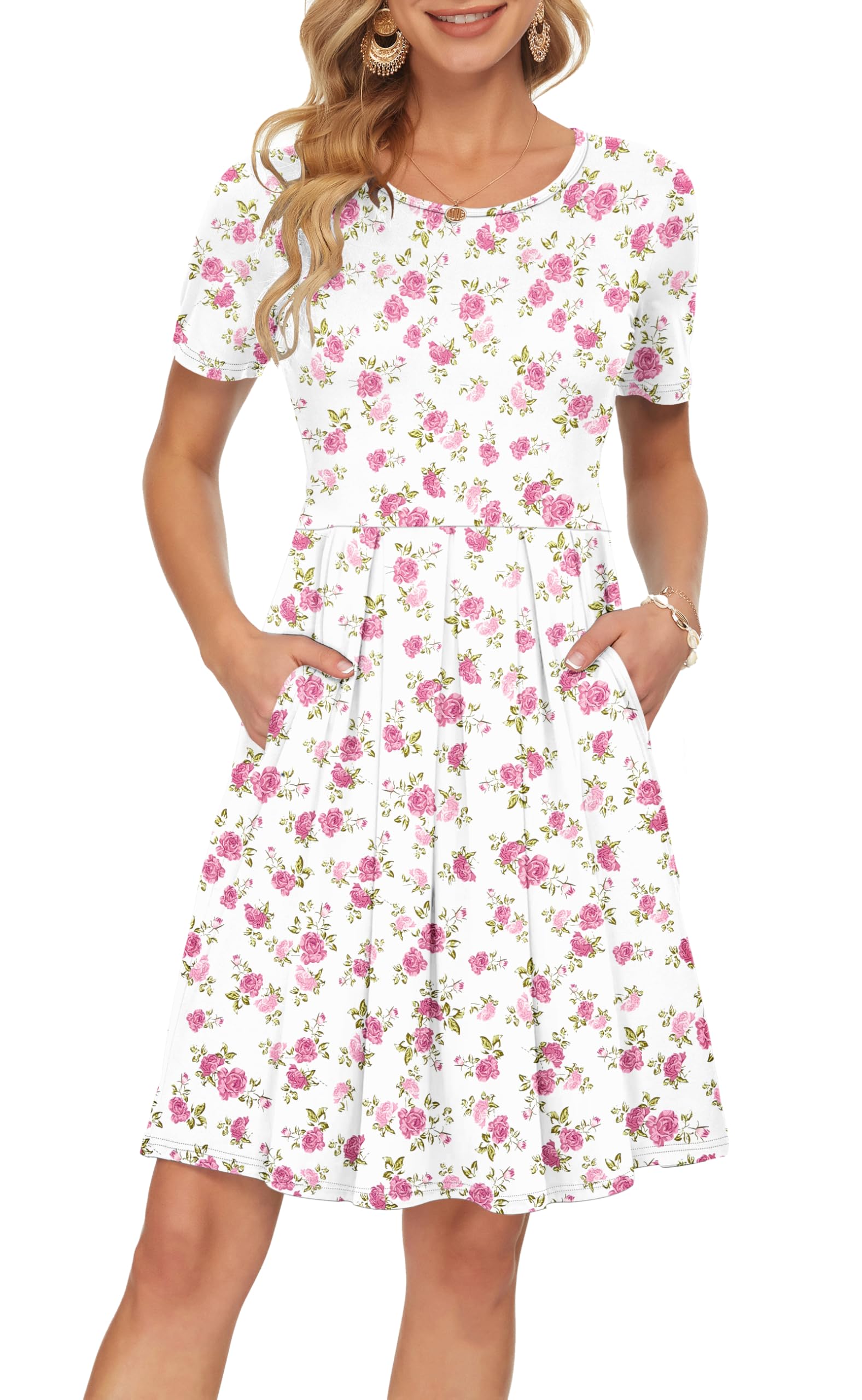 AUSELILY Women's Short Sleeve Pleated Swing Summer Dress with Pockets