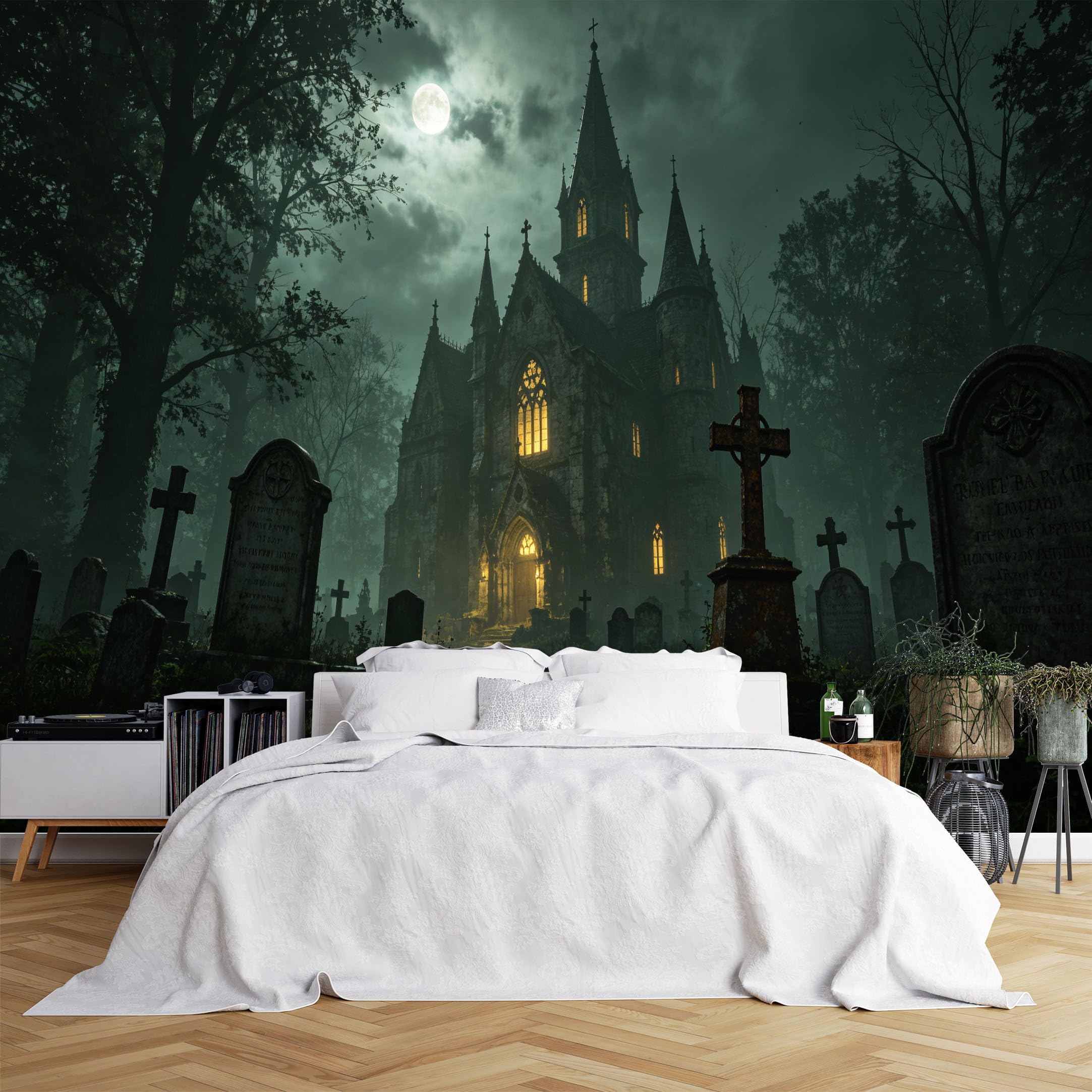 Lcythiazole Ch260615232 Custom Size Wall Murals Gothic Cemetery Church Moon Night Realistic Wall Murals Self-Adhesive Wall Fabric (No Pvc) Removable Wallpaper For Halloween Decor