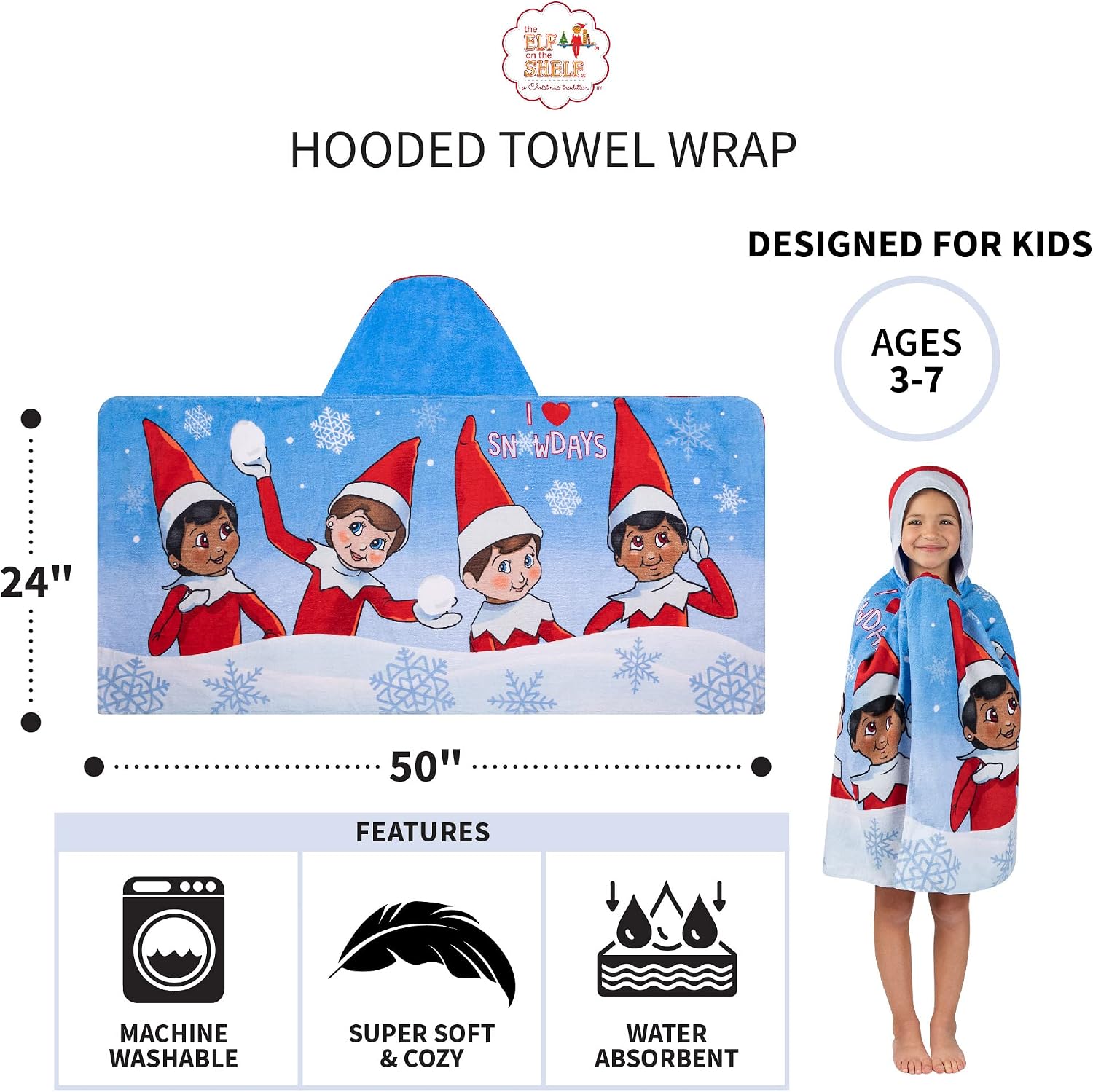 Franco Elf On The Shelf Holiday Kids Bath/Pool/Beach Soft Cotton Terry Hooded Towel Wrap, 24 in x 50 in, Large
