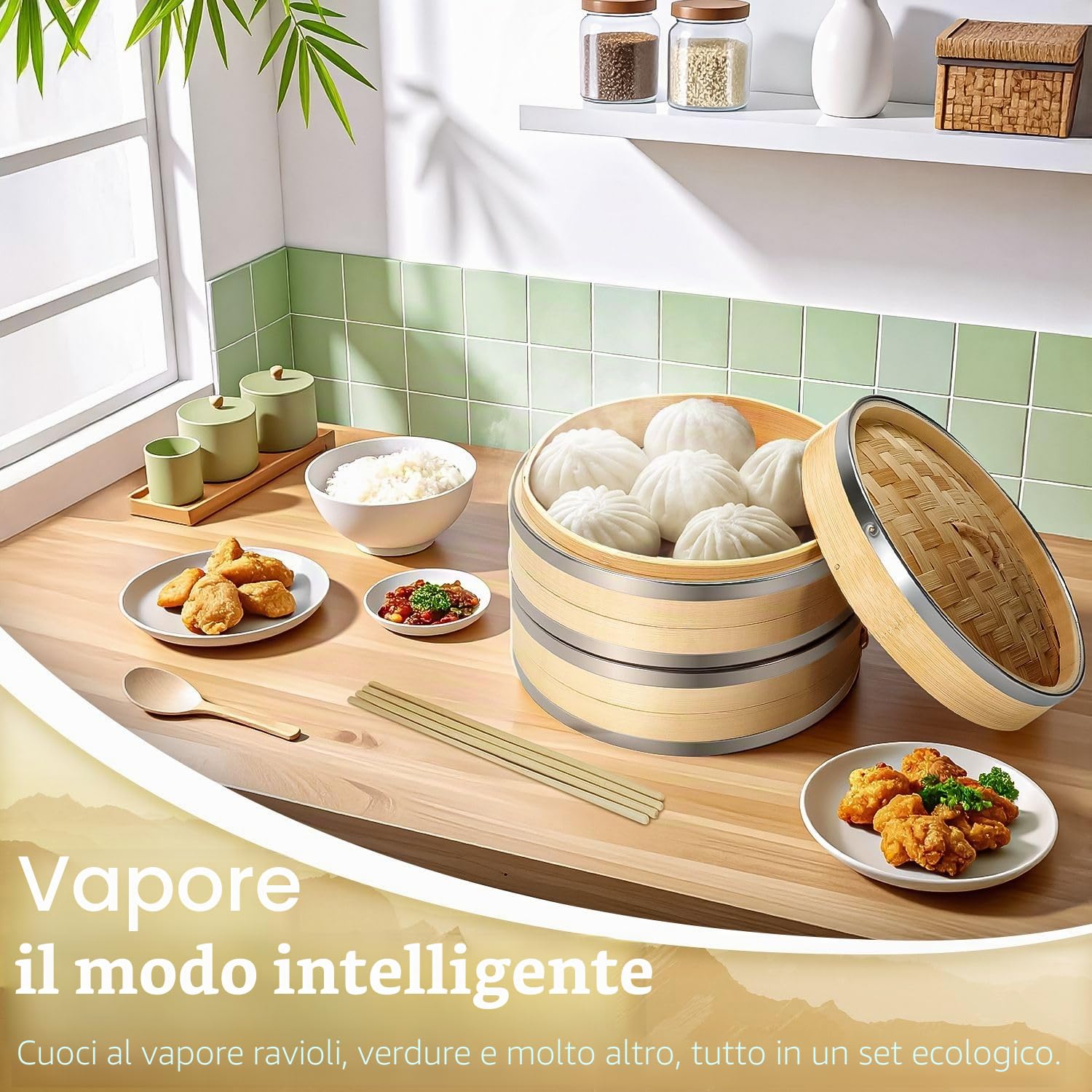 Flexzion Vaporiera di bambù (25,4cm /10 pollici) con fasce in acciaio inox 50x fodere e 2 paia di bacchette, Vaporiera di bamboo cestello cinese, Steamer vapore per cottura cucina cibo asiatico