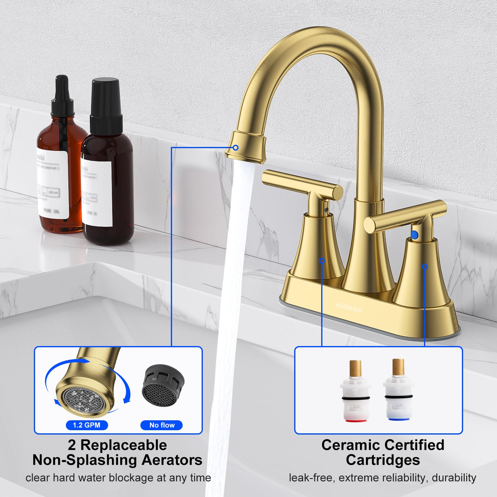 Hurran - Grifos de baño para fregadero de 3 agujeros, grifo de lavabo de baño dorado cepillado de 4 pulgadas con drenaje emergente y mangueras de suministro, grifo central de acero inoxidable sin