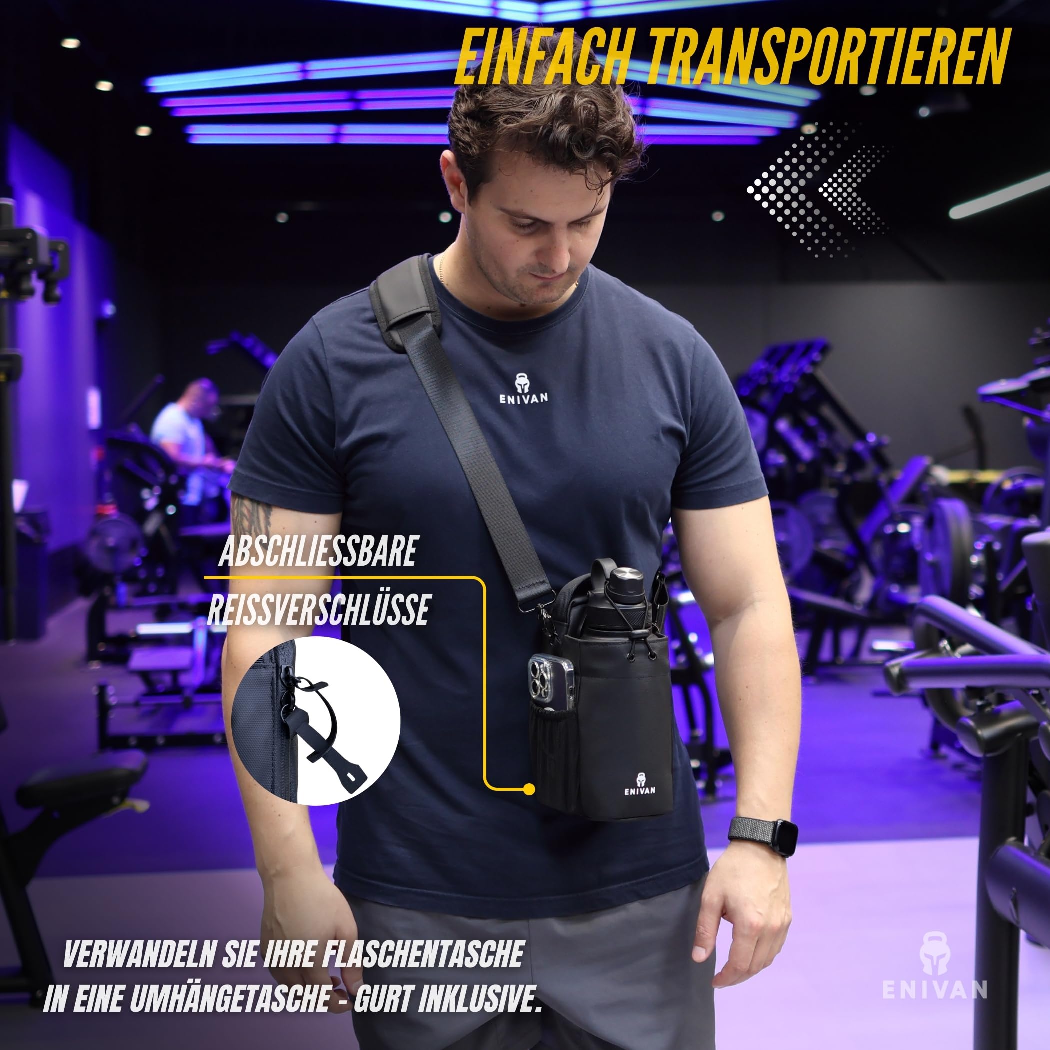 Magnetische Sporttasche mit Flaschenhalter, passt für 1,5 L Trinkflaschen, Handyfach, Schlüsselkarabiner, Schultergurt – für Männer & Frauen, Gym, Fitness & Alltag, wasserabweisend, Schwarz