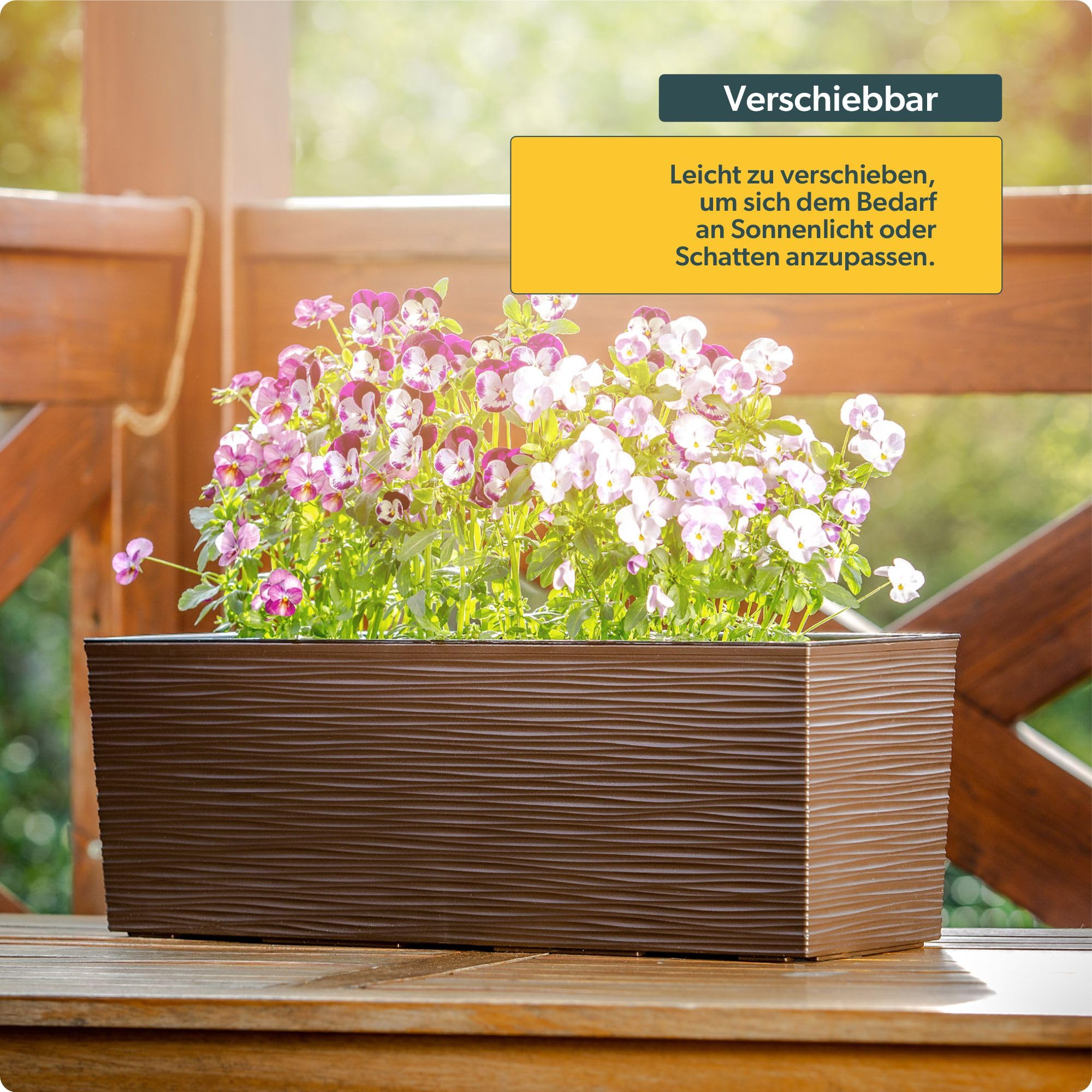 KADAX Bloembak van kunststof, 18,5 x 56 cm, plantenbak met inzetstuk, weerbestendige balkonbak, rechthoekige bloembak, bloempot voor buiten, gekerfd patroon, wit