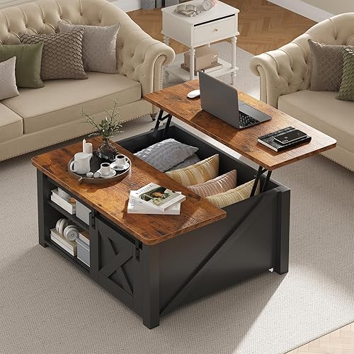 DUMOS Mesa auxiliar, mesa central elevadora con almacenamiento, mesas cuadradas para sala de estar con estantes ajustables, mesa de centro de madera