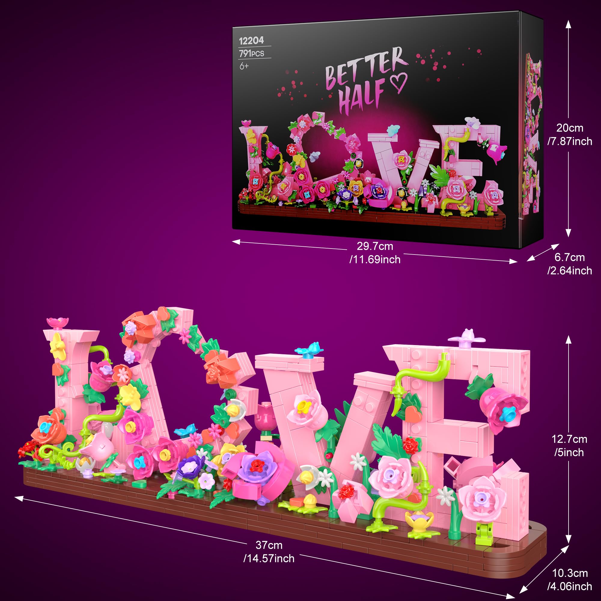 Liebes-Bauset mit Blumen für Erwachsene, 791 Stück Buchstaben-Ziegelstein-Kunstblöcke für Heimdekoration, romantische Geschenke für Kinder, Geburtstag, Valentinstag, Muttertag, Liebesbekennung