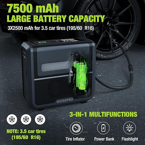 Miniatura 2 de WORKPRO Inflador de neumáticos, compresor de aire portátil, bomba de aire portátil de 12 V para neumáticos de automóvil con batería de 7500 mAh,