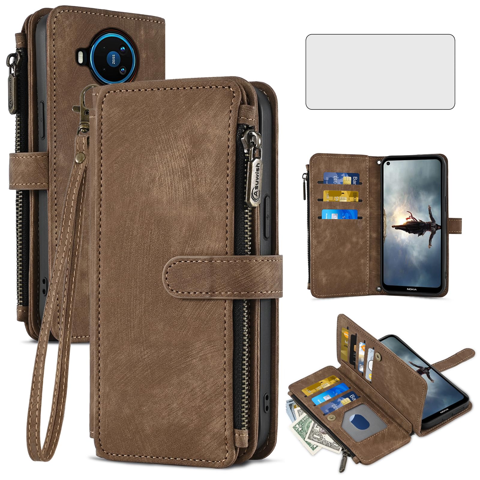Asuwish Handyhülle Für Nokia X100 – Mit Displayschutzfolie, Leder-Klapphülle, Kartenhalter (6 Fächer) & Ständer