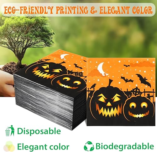 Miniatura 7 de 100 servilletas de Halloween de papel, calabazas de papel, cócteles, bebidas, almuerzo, servilletas de cena, suministros de fiesta, decoraciones de