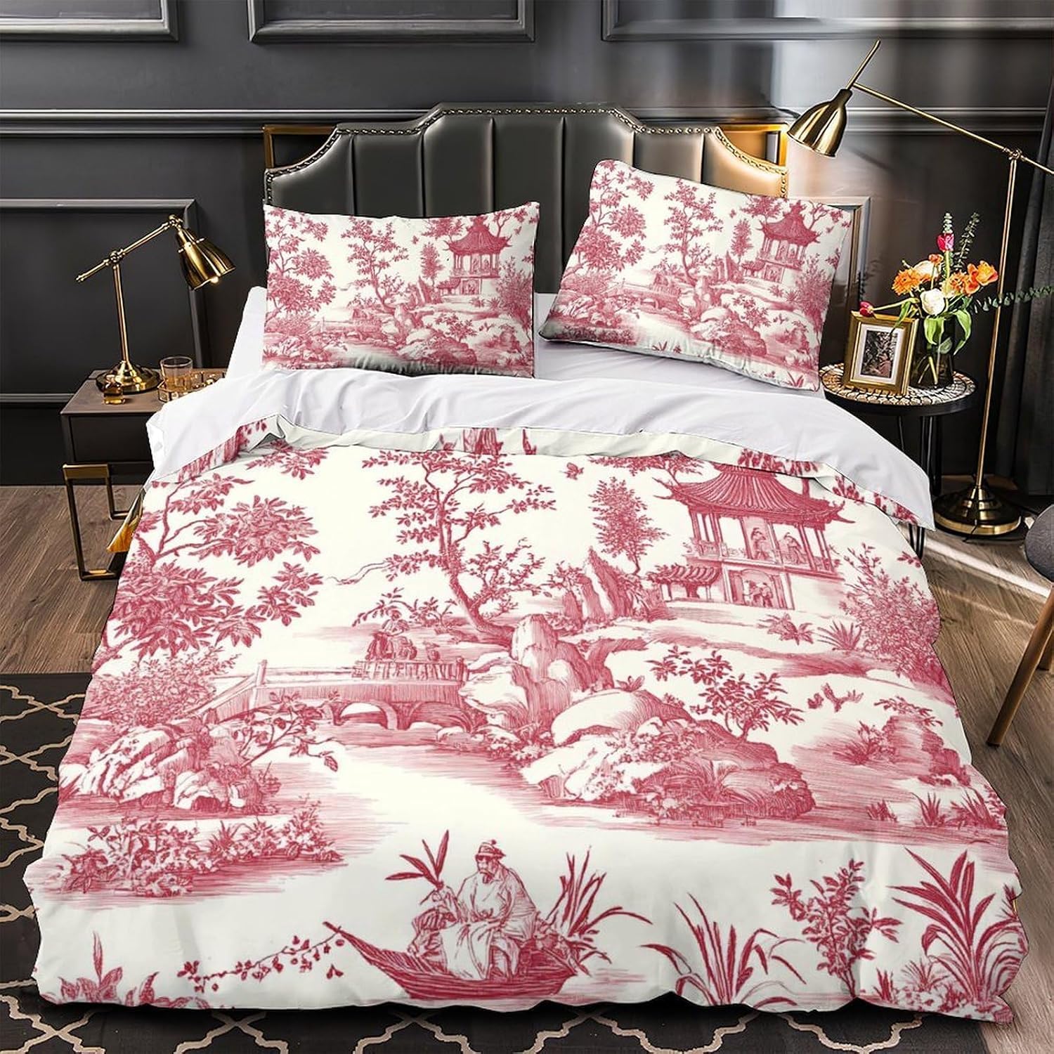 Funda Nordica Cama 180 Jardín de Estilo Chino Ropa de Cama 3D Estilo Acuarela 3 Piezas Suave Transpirable Microfibra Funda Nórdica 260x240 cm y 2 Fundas de Almohada 50x75 cm C.2449