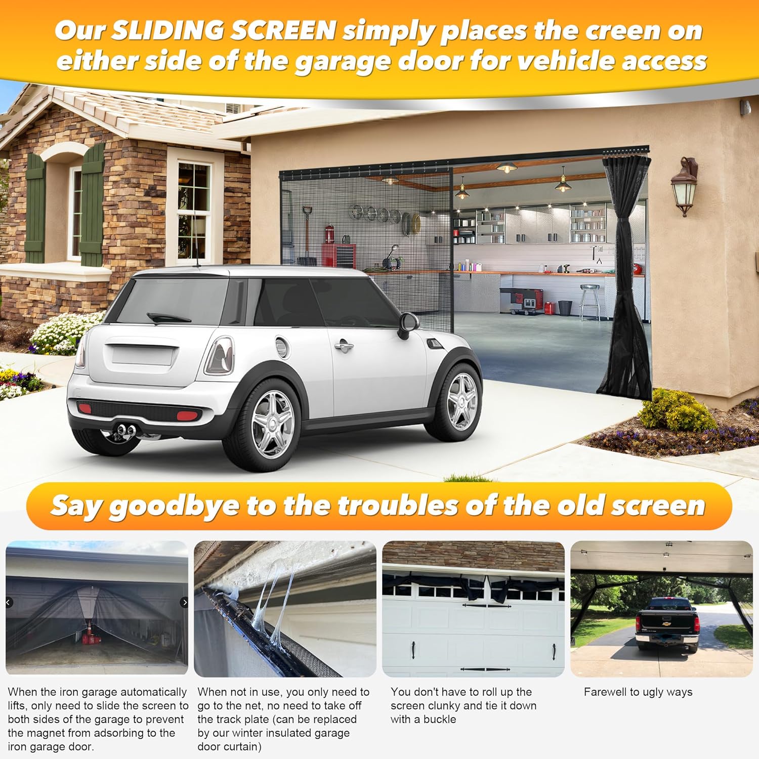 Sliding Garage Door Screen 16x7FT for 2 Car Garage Doors, Magnetic Garage Screen with Track Closure, Heavy-Duty New 275g/㎡ Mesh, Retractable Garage Door Screen for Patio, Outdoor, Gym