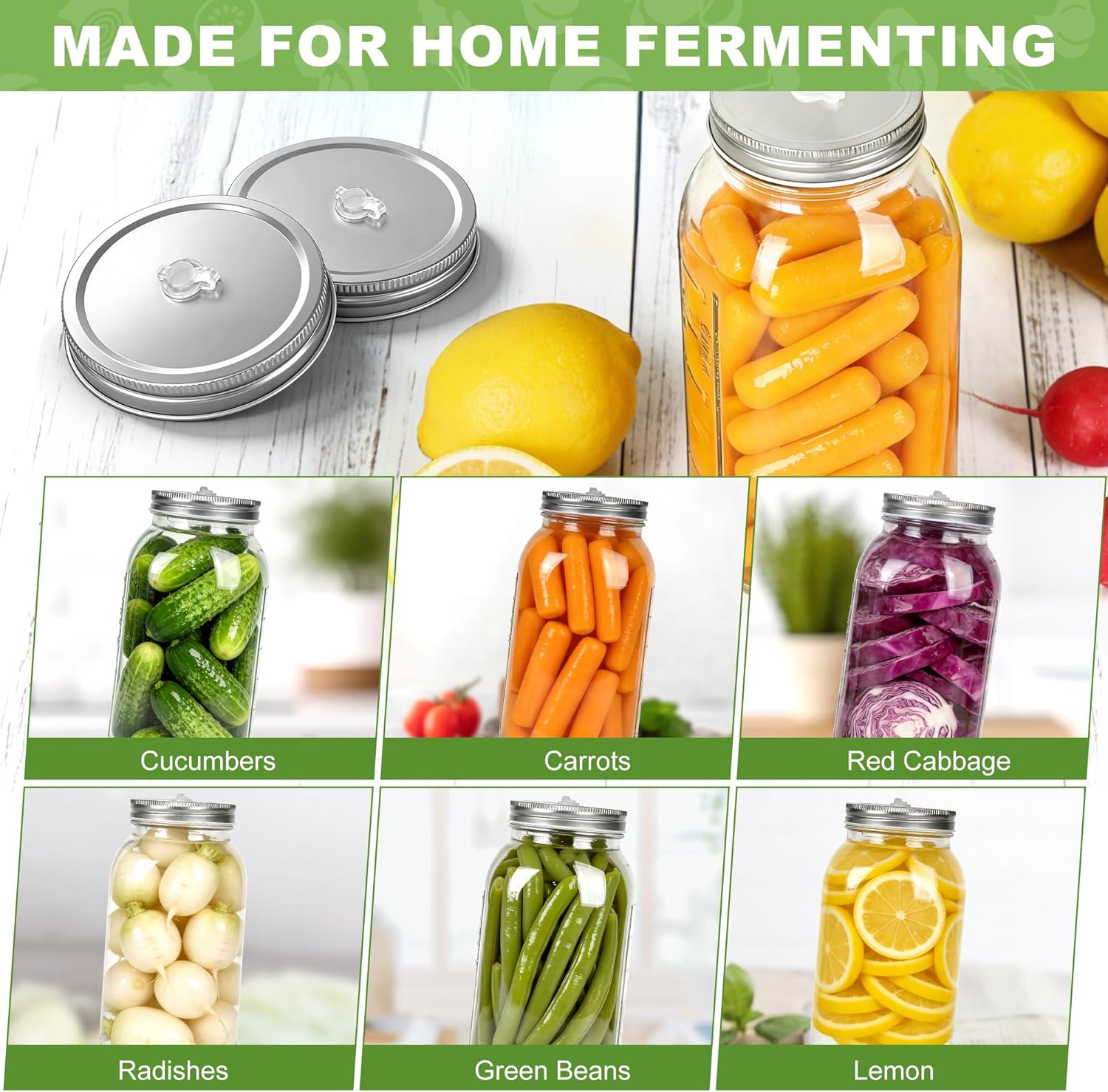 Fermentation Kit for Wide Mouth Mason Jars (86mm), 316 Stainless Steel Fermentation Lids, Glass Weights, Airlock System, Complete Home Fermenting Set (Jars Not Included)