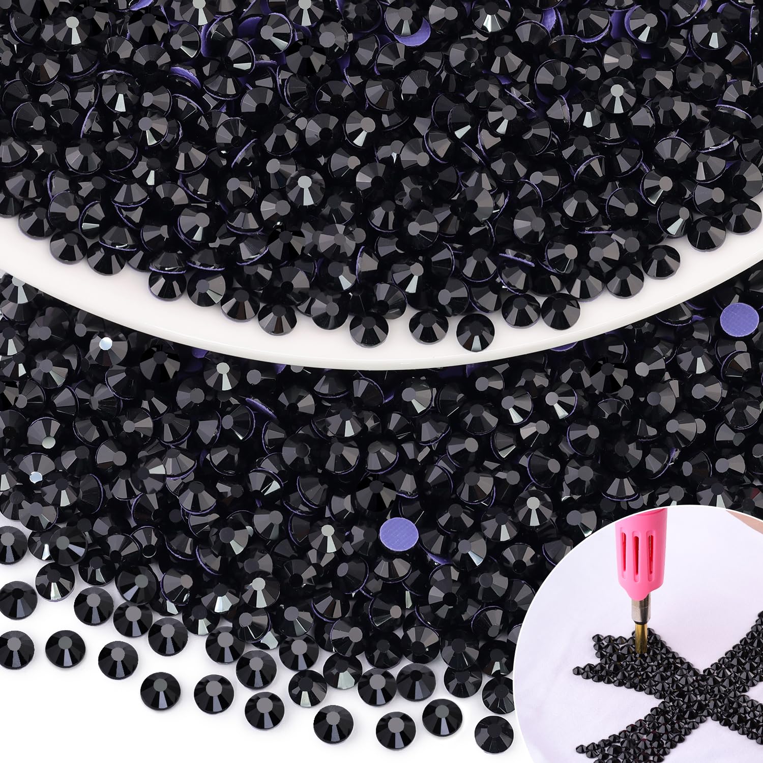 Hotfix Rhinestones for Clothes SS20 Flat Back Glass Stones Iron on for Clothes Hat Shoes Fabric Decoration Nail Art (Black)