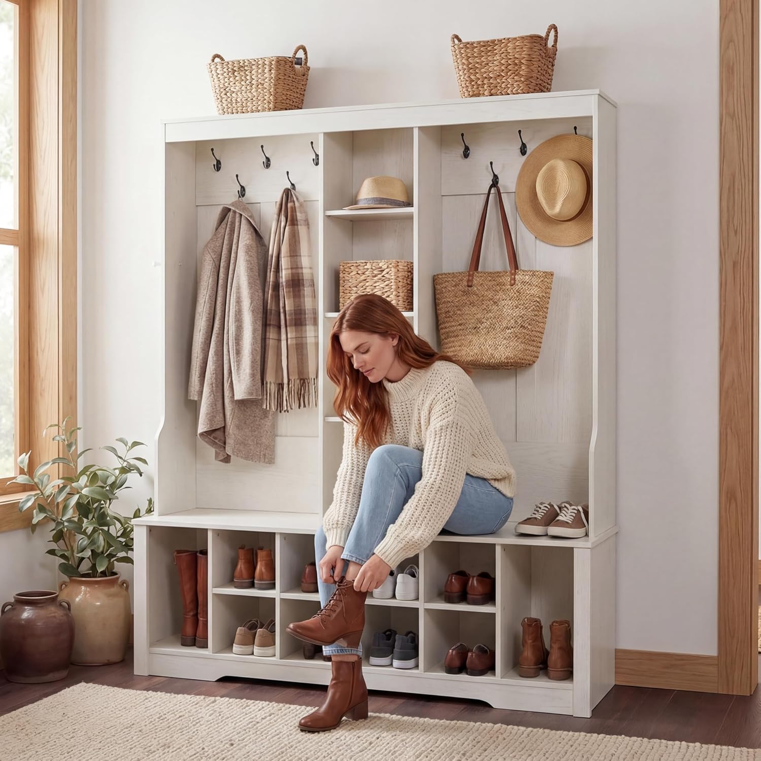 59” Hall Tree with Bench and Shoe Storage, Entryway Coat Rack with 10 Hooks & Open Shelves, Space Saving Hall Tree with 10 Shoe Cubbies for Hallway, Mudroom, Living Room
